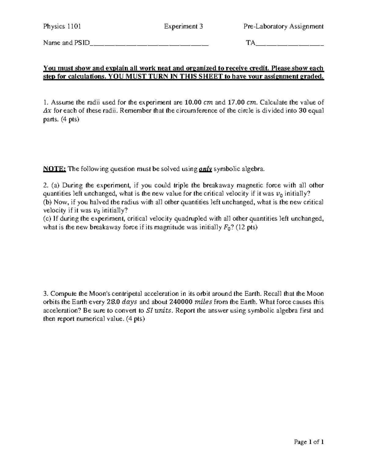 1101 Exp3 Pre Laboratory Assignment - Physics 1101 Experiment 3 Pre ...