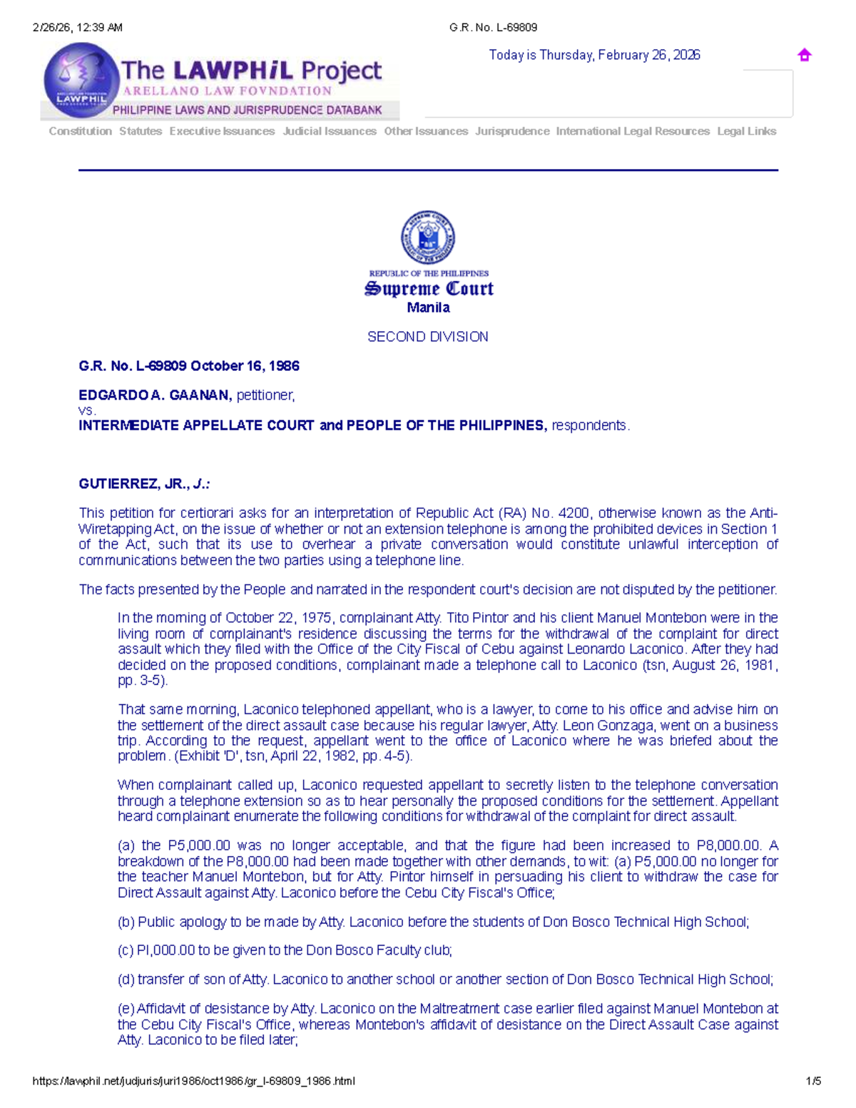G.R. No. 145 SCRA 112: Interpretation of the Anti-Wiretapping Act - Studocu