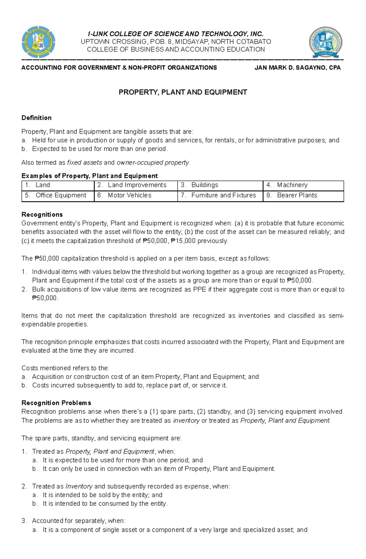 Property, Plant, and Equipment Overview for ACC 101 - Studocu