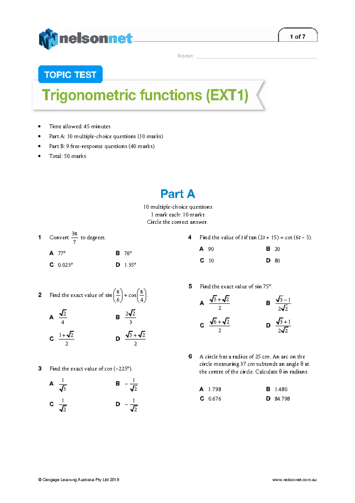 Trigonometric Functions Topic Test (EXT1) - 45 Min Duration - Studocu