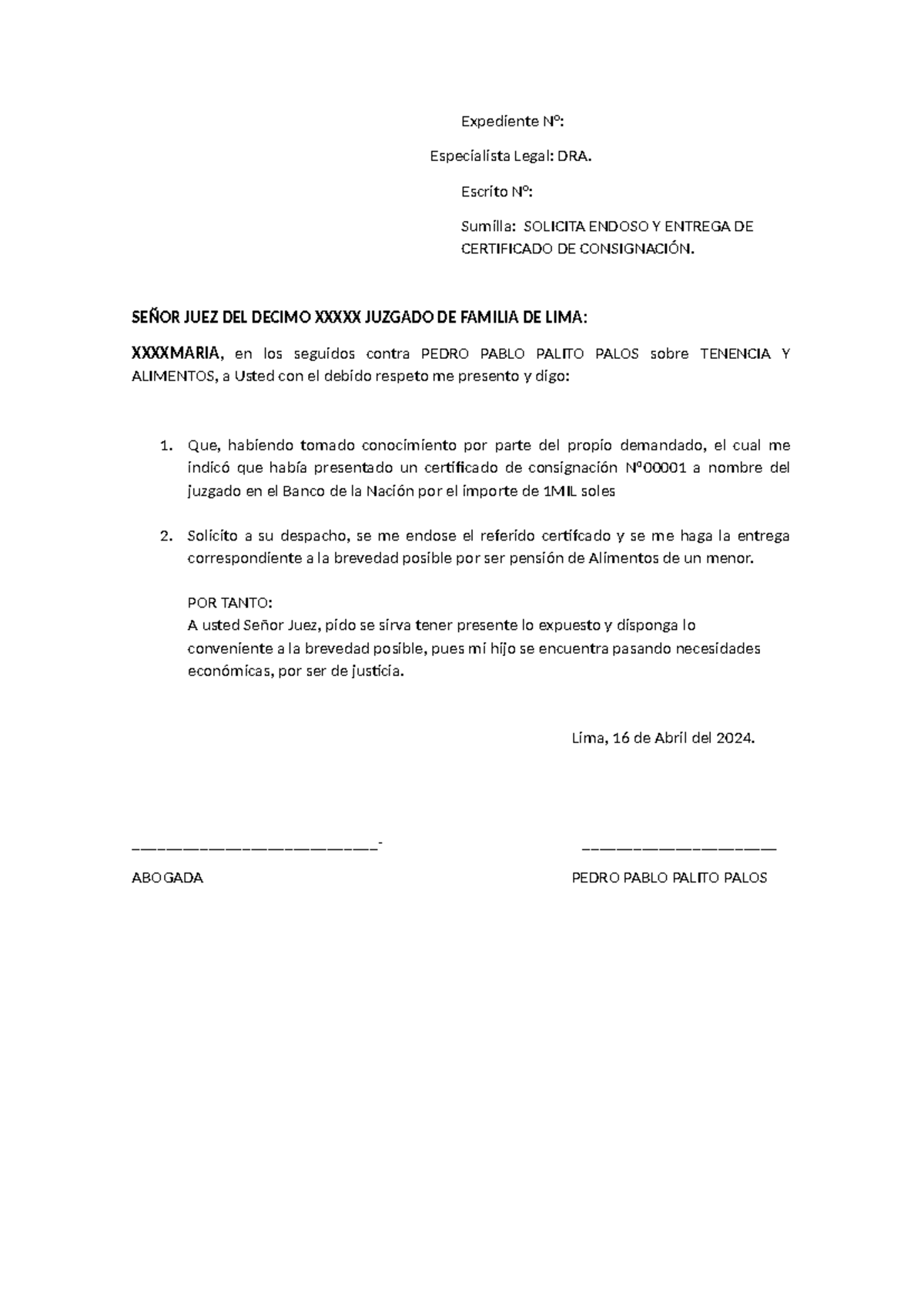 Solicitud de Endoso y Entrega de Certificado Judicial de Depósito - Document Preview