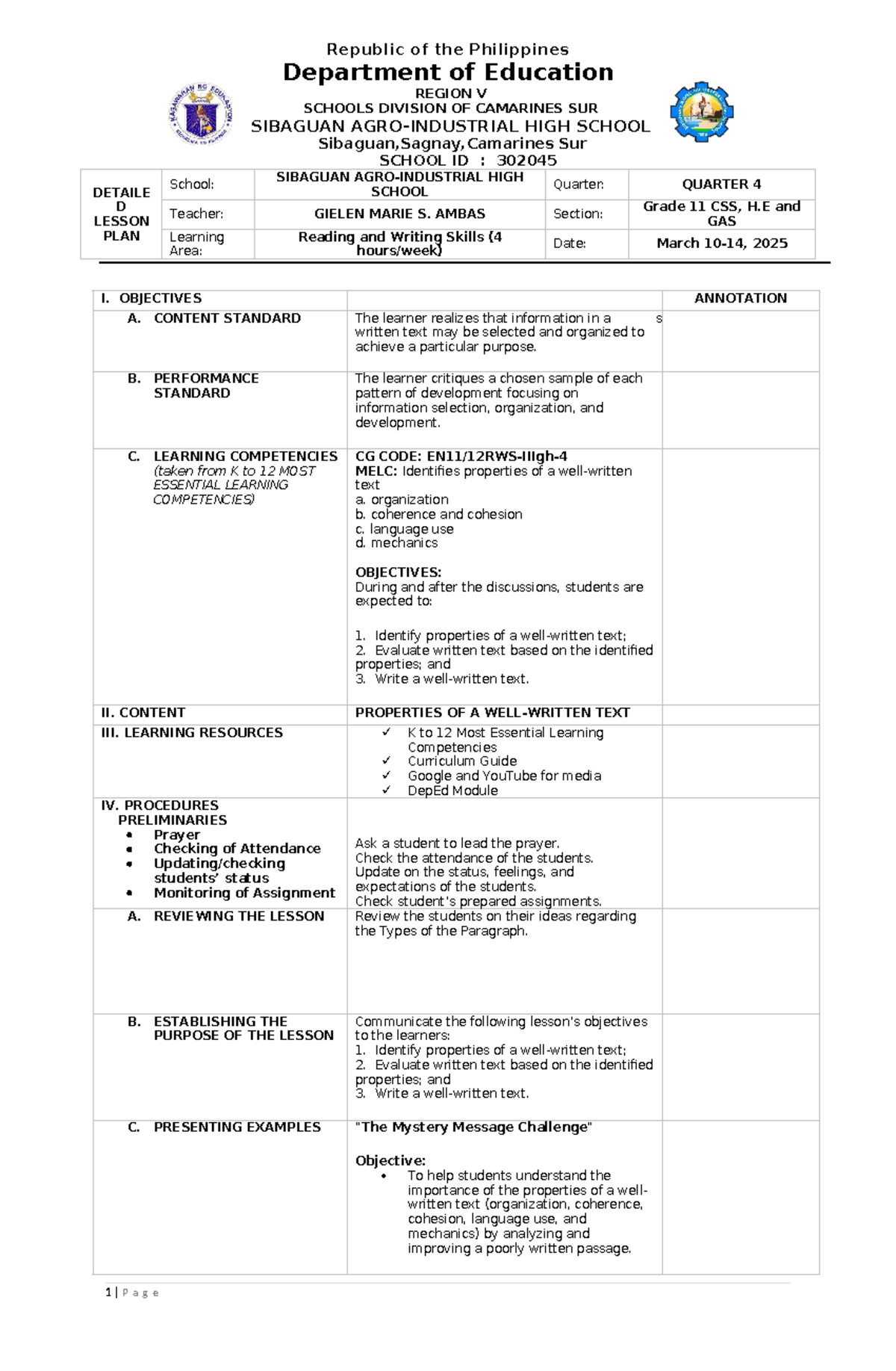 Detailed Lesson Plan: Reading and Writing Skills (Grade 11) - Q4 - Studocu