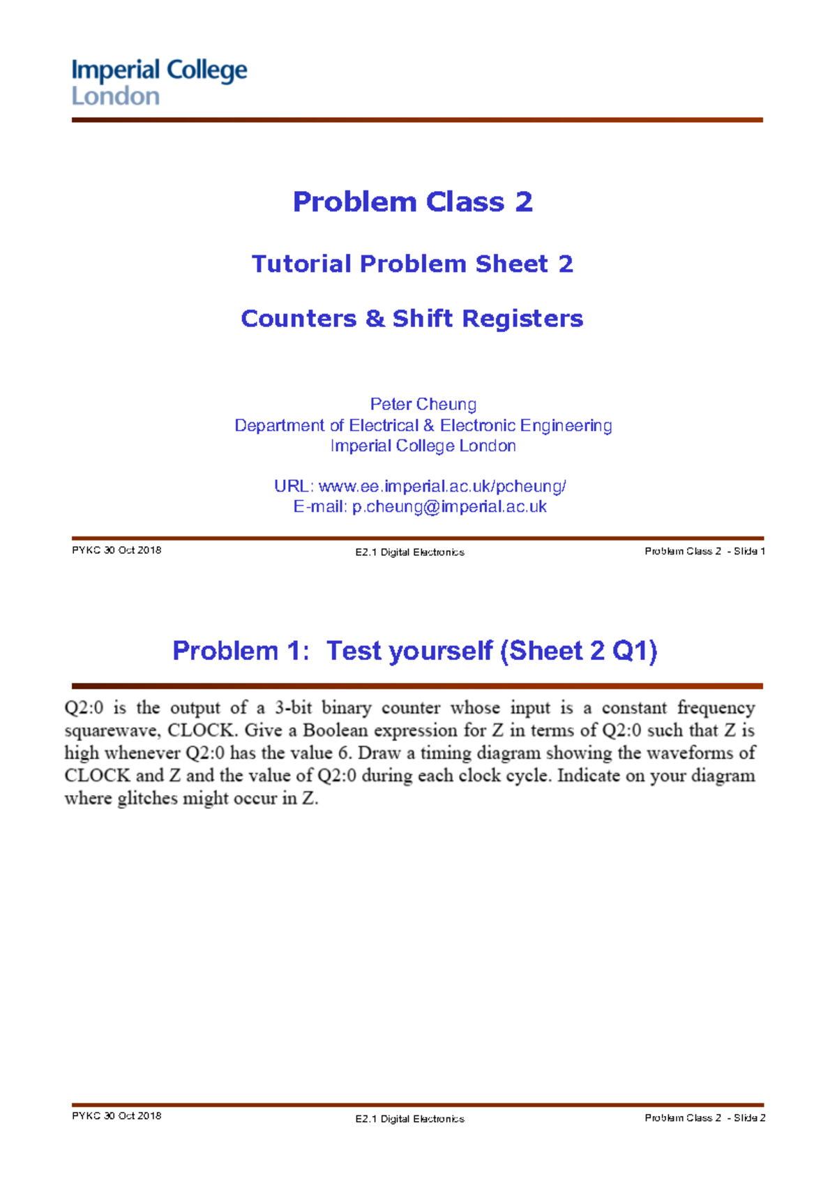 E2.1 Digital Electronics: Problem Class 2 - Counters & Shift Registers ...