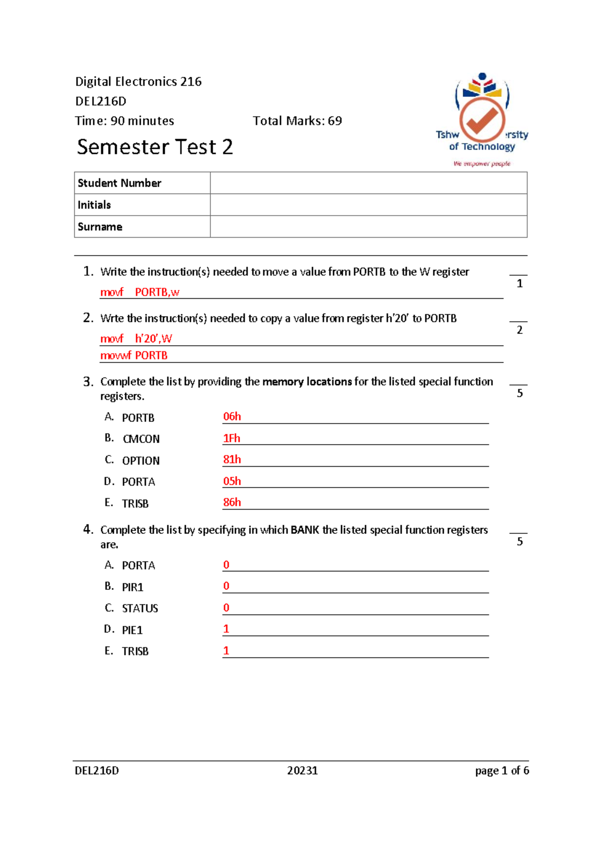 DEL216D 20231 Semester Test 2 Memo: Digital Electronics Solutions - Studocu