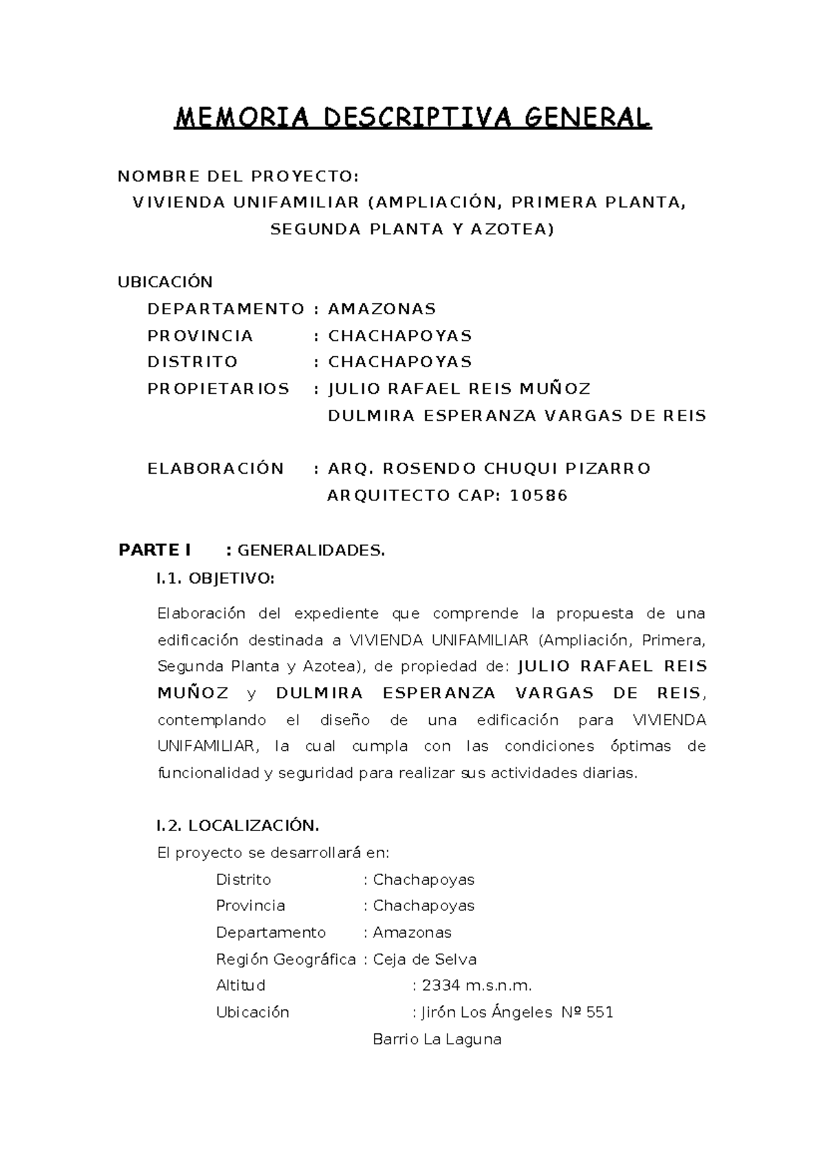 MEMORIA DESCRIPTIVA DEL PROYECTO DE VIVIENDA UNIFAMILIAR - CAP: 10586 ...