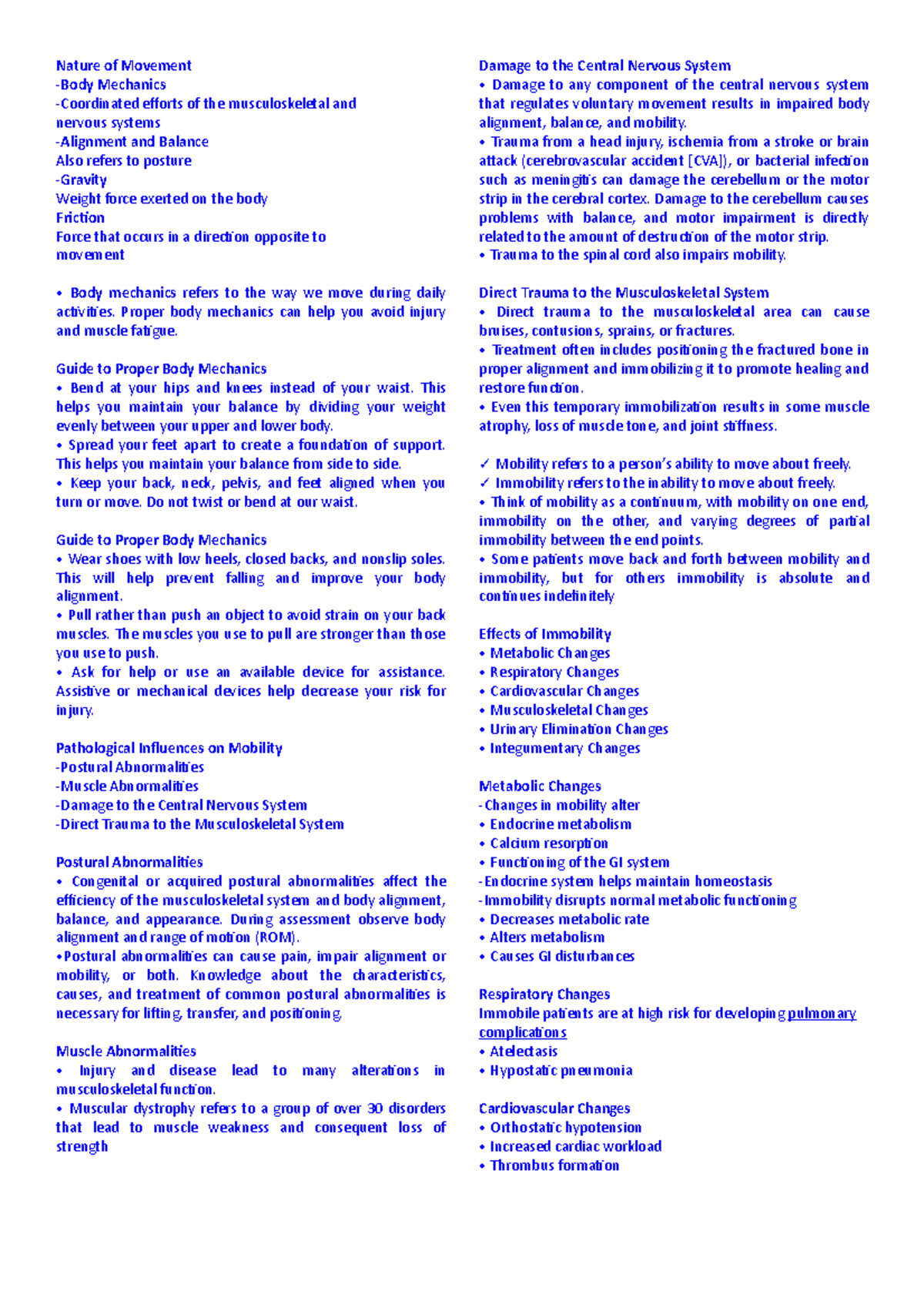 Mobility Notes: Fundamentals of Nursing (NUR 101) - Studocu