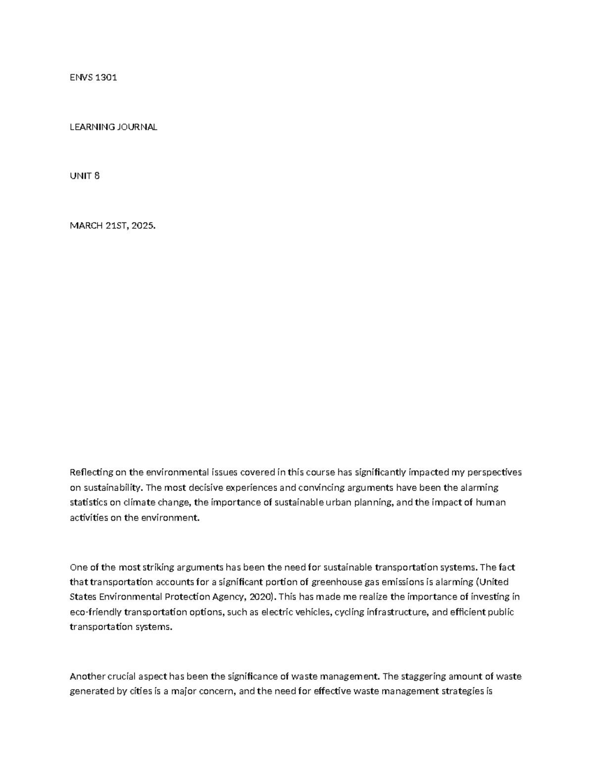 ENVS 1301 Learning Journal Unit 8: Reflections on Sustainability Issues ...
