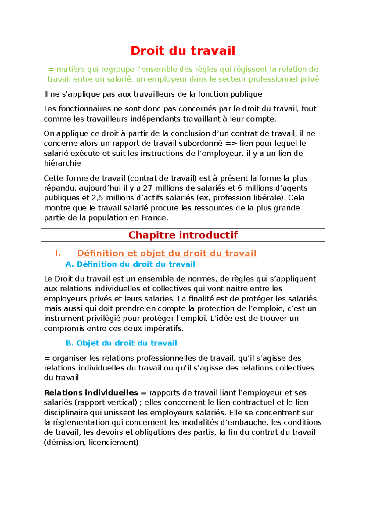 Droit du Travail : Introduction et Concepts Fondamentaux - Studocu