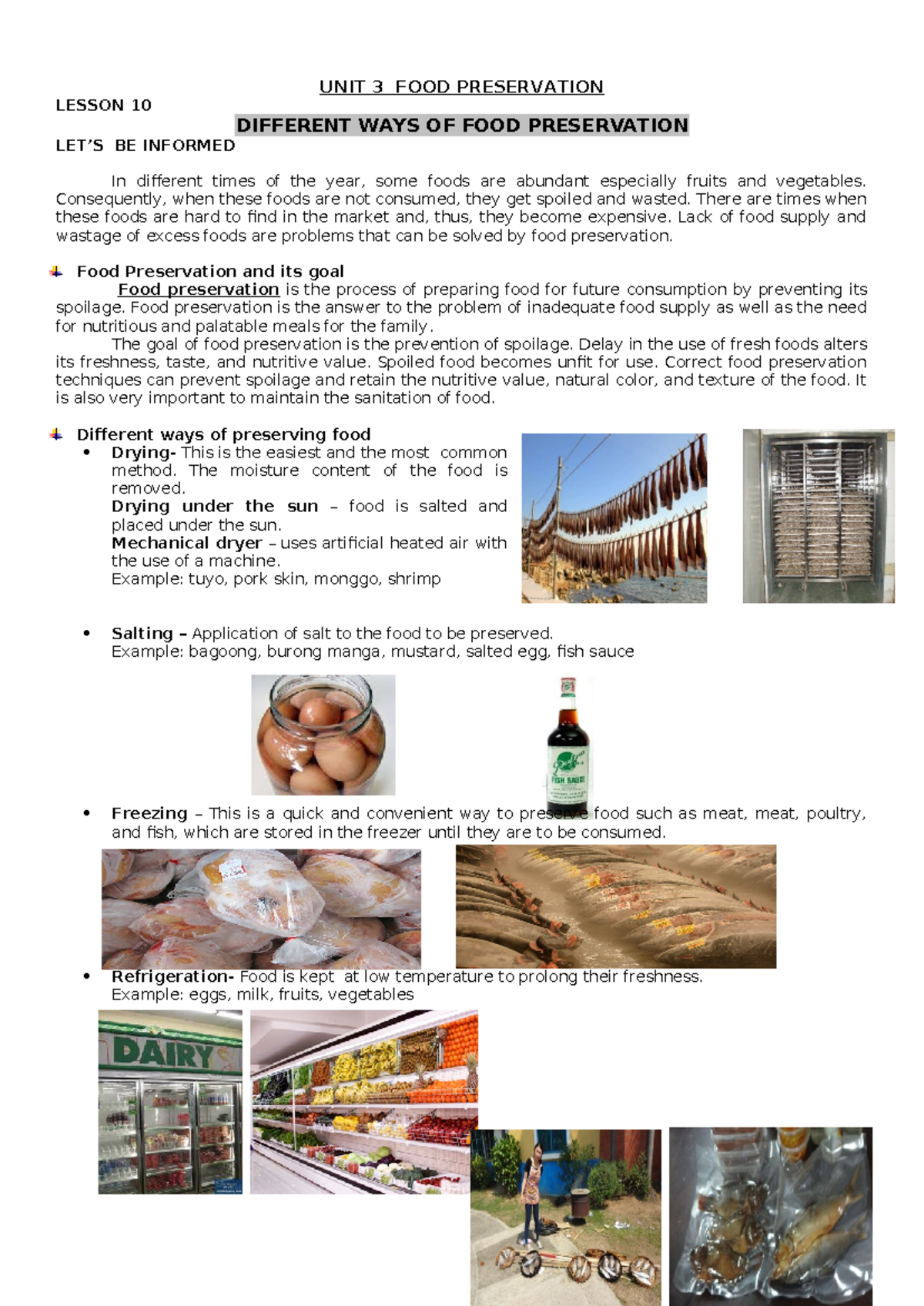 Ways of Food Preservation - UNIT 3 FOOD PRESERVATION LESSON 10 ...