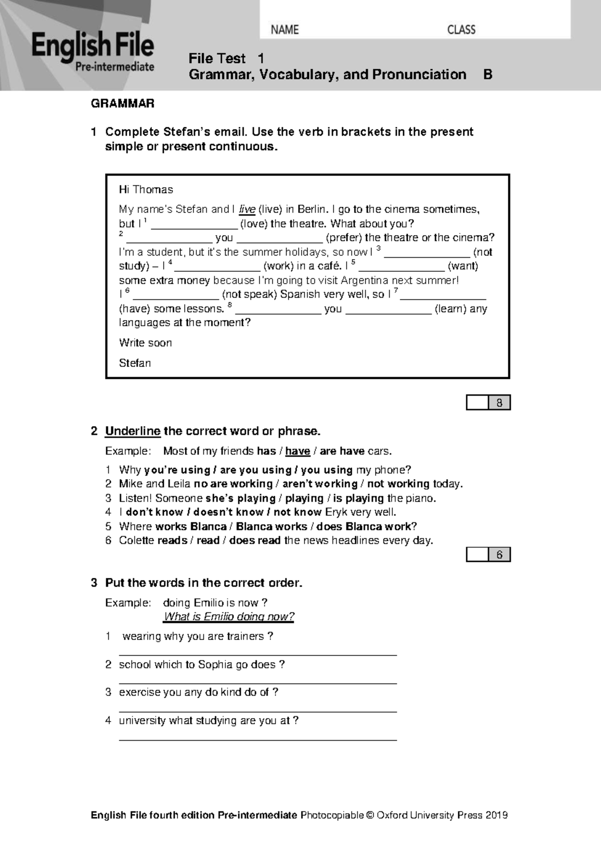 EF4e Grammar & Vocabulary: Pre-Intermediate File Test 1b - Document Preview