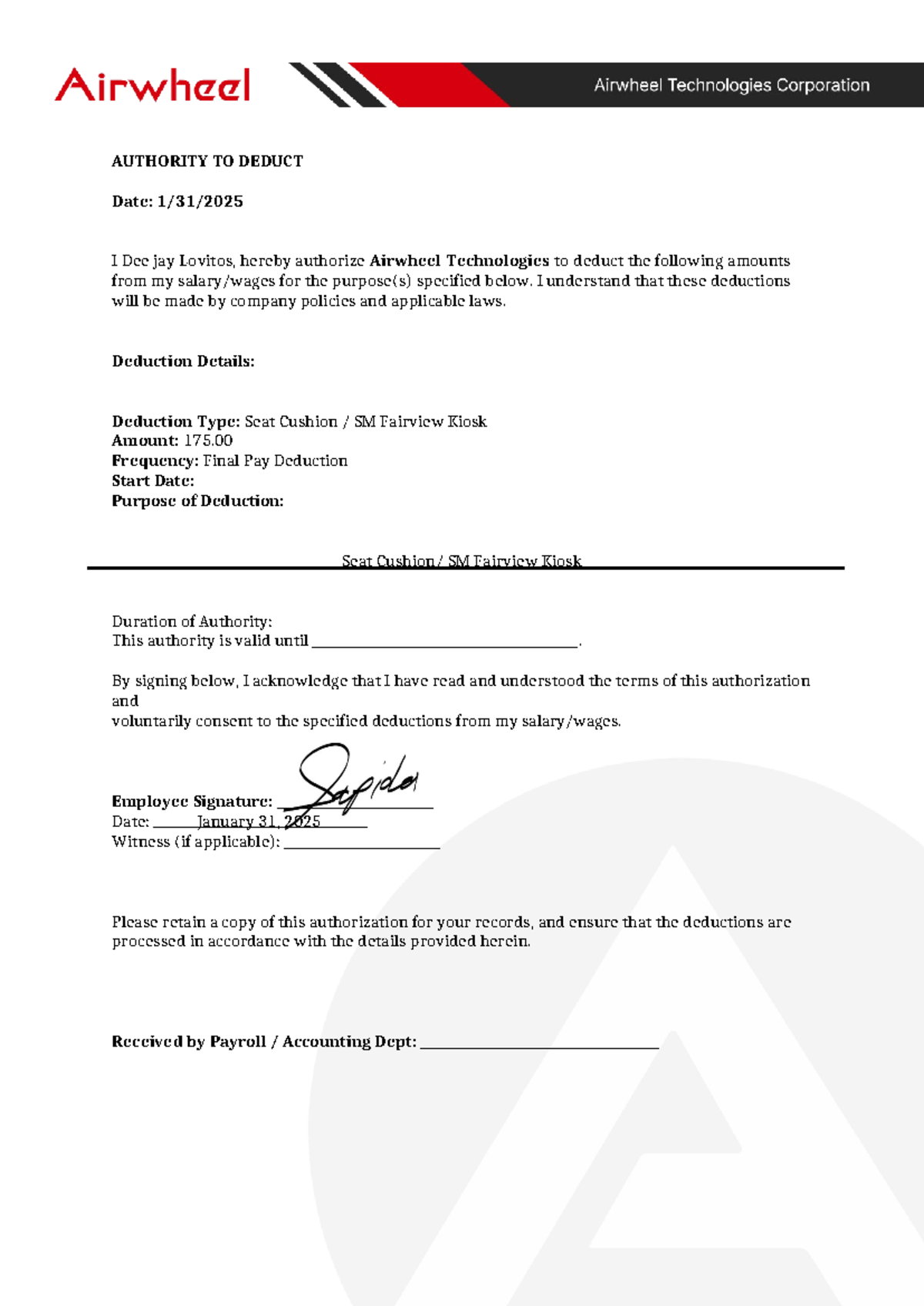 Deejay Lovitos- Seat Cushion ATD - AUTHORITY TO DEDUCT Date: 1/31/ I ...