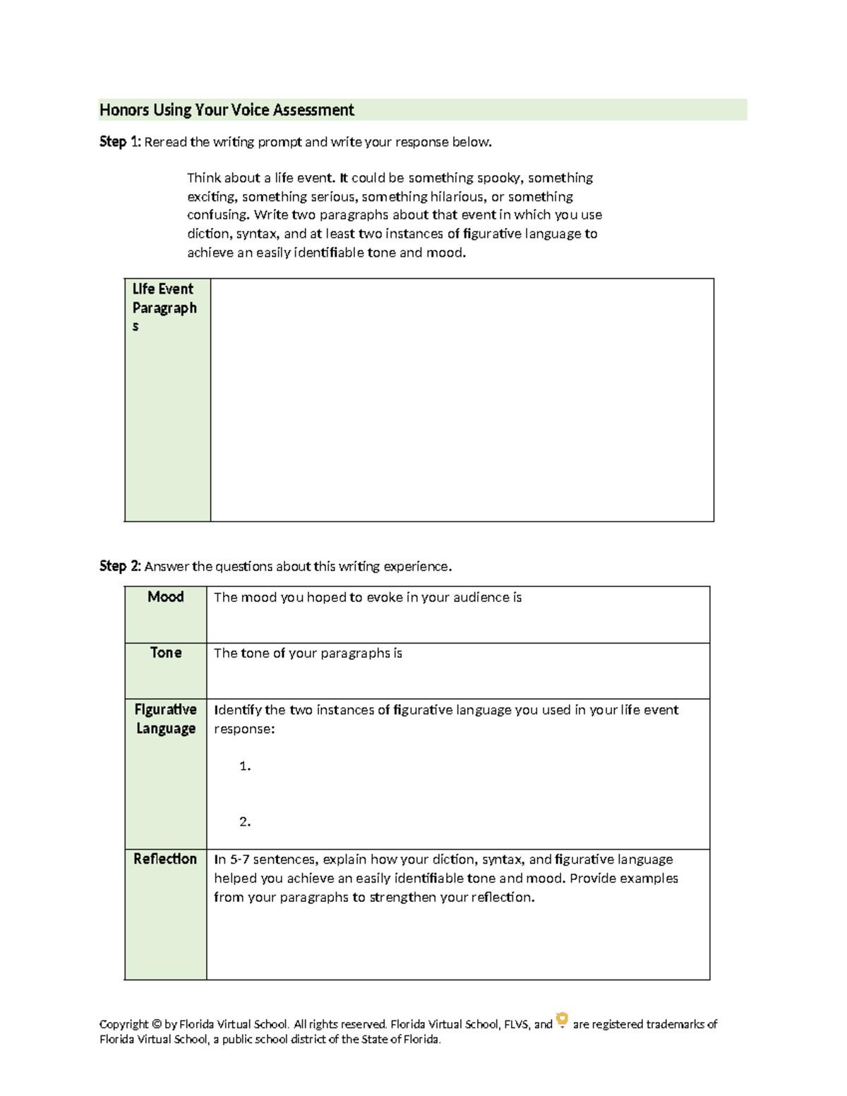 Honors Using Your Voice Assessment: Life Event Reflection & Analysis ...
