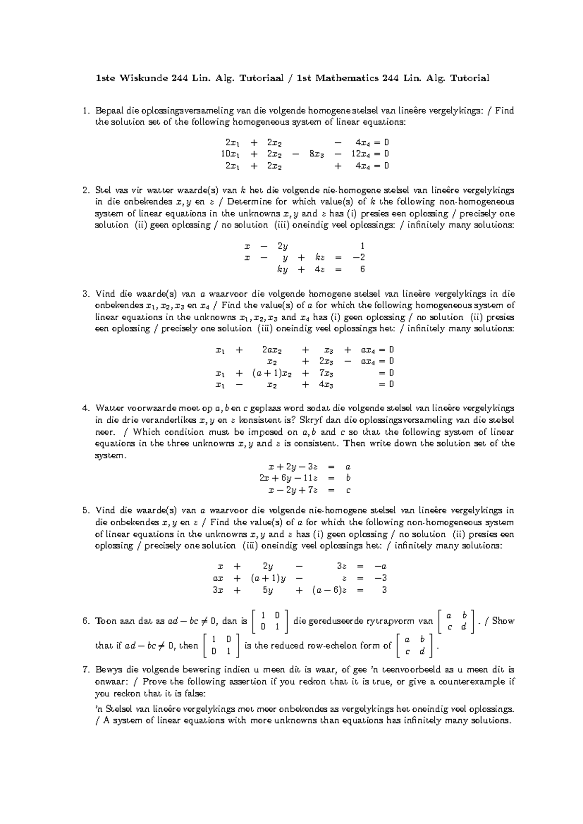 Maths 244 Lin. Alg. Tutorial 1 Solutions and Proofs - Studocu