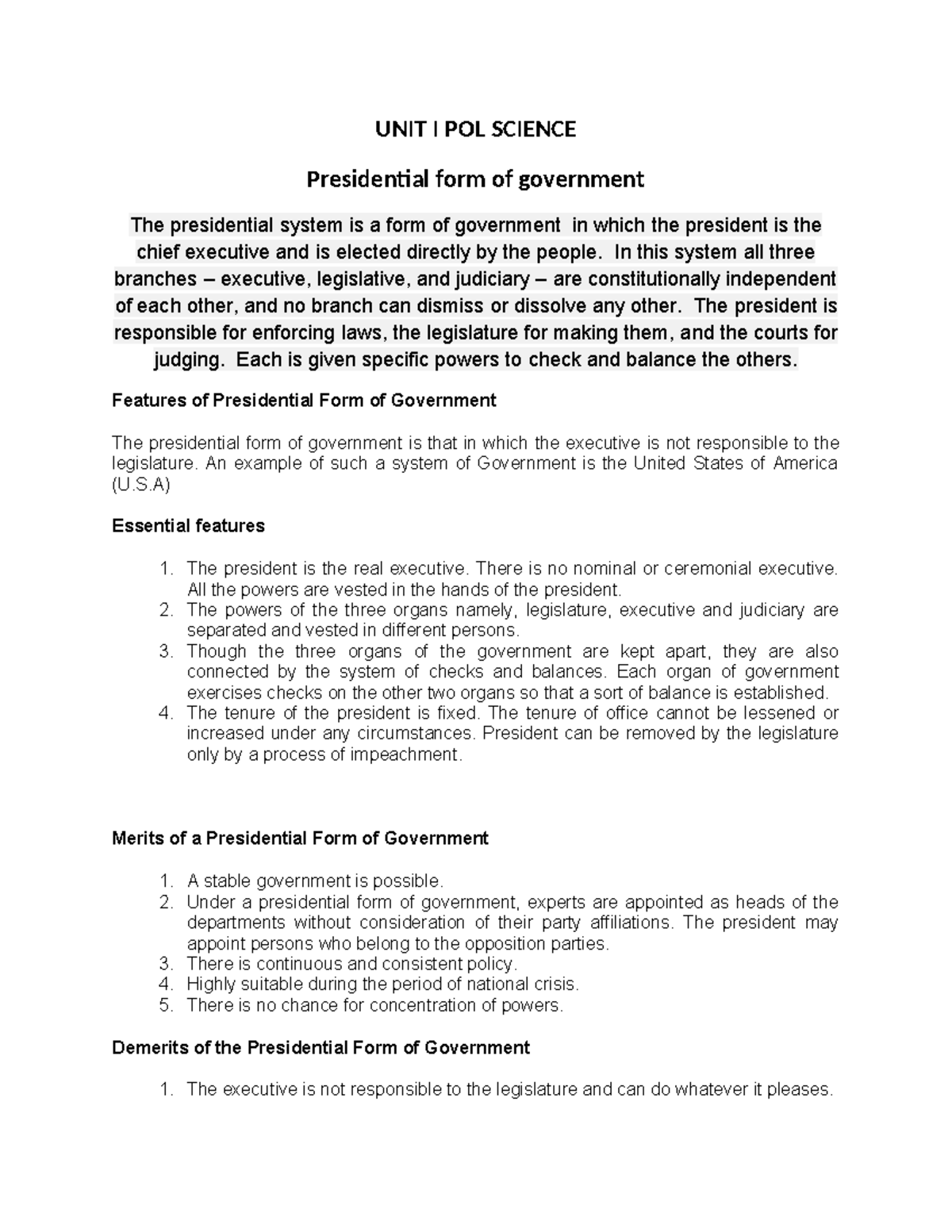 UNIT I POL SCI 101: Presidential Form of Government Explained - Studocu