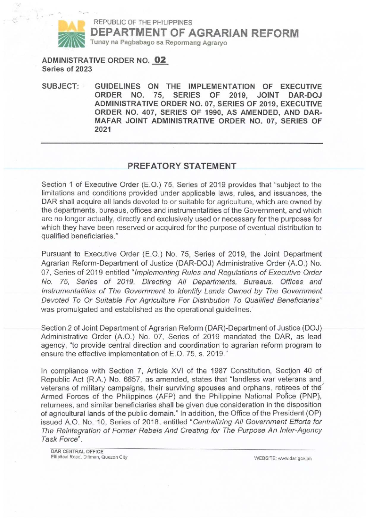 AO 02 S2023: Guidelines for Implementing EO 75 & Joint A.O. 07 - Studocu