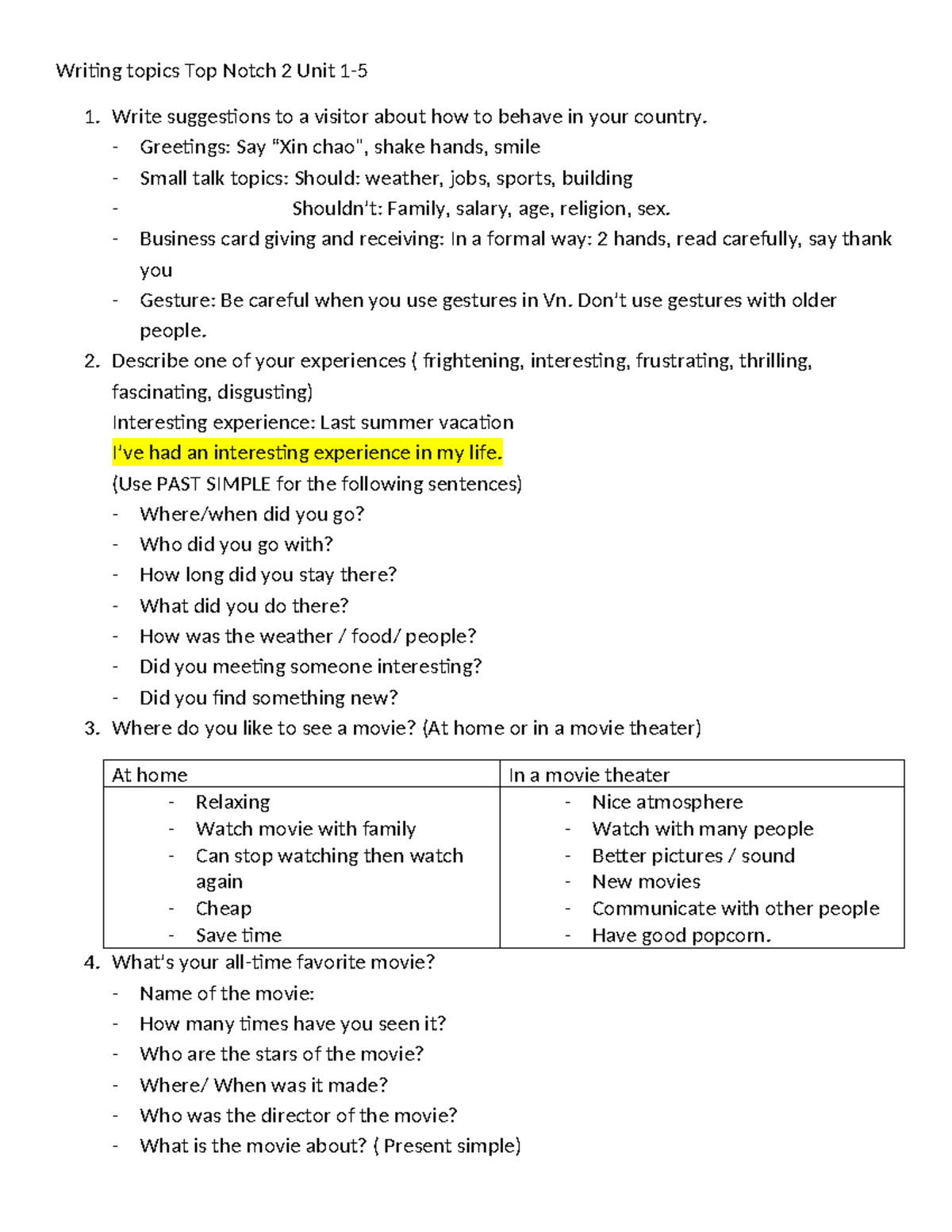Writing Topics for Top Notch 2: Unit 1 Insights and Experiences - Studocu