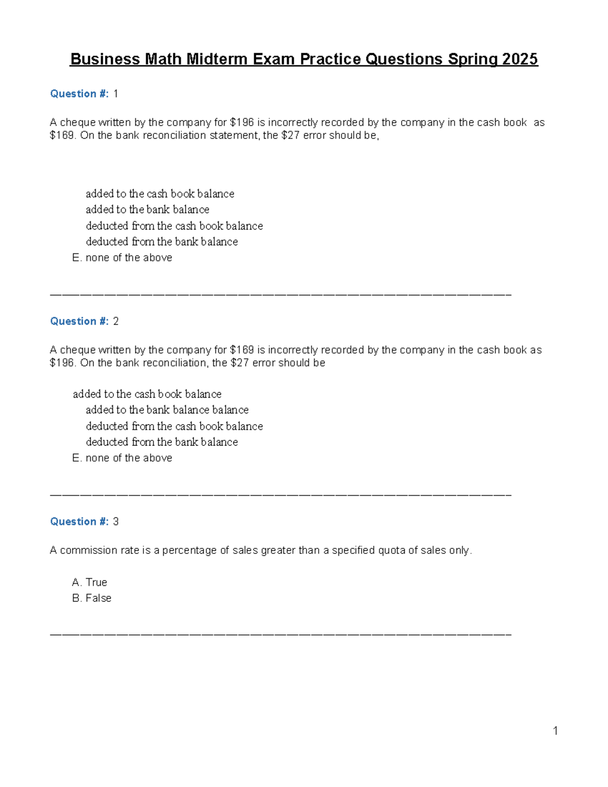 BUSI220 Business Math Midterm Exam Practice Questions Spring 2025 - Studocu