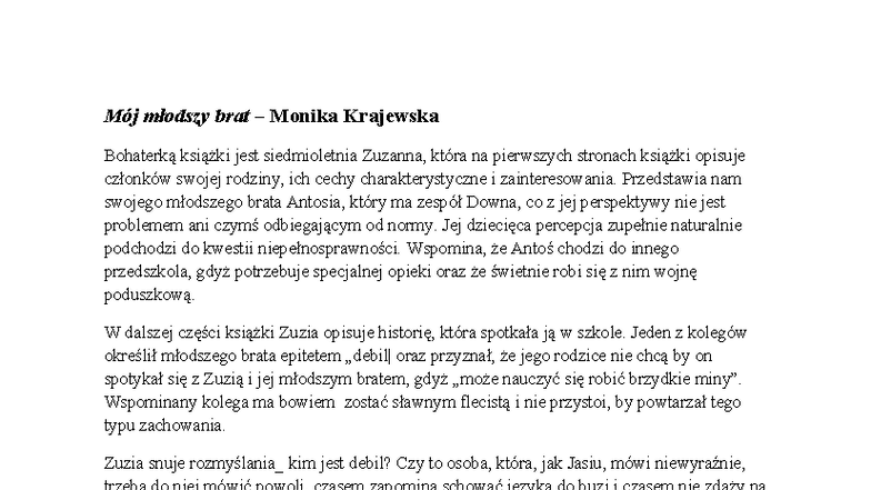 Mój młodszy brat - Recenzja książki o niepełnosprawności - Studocu
