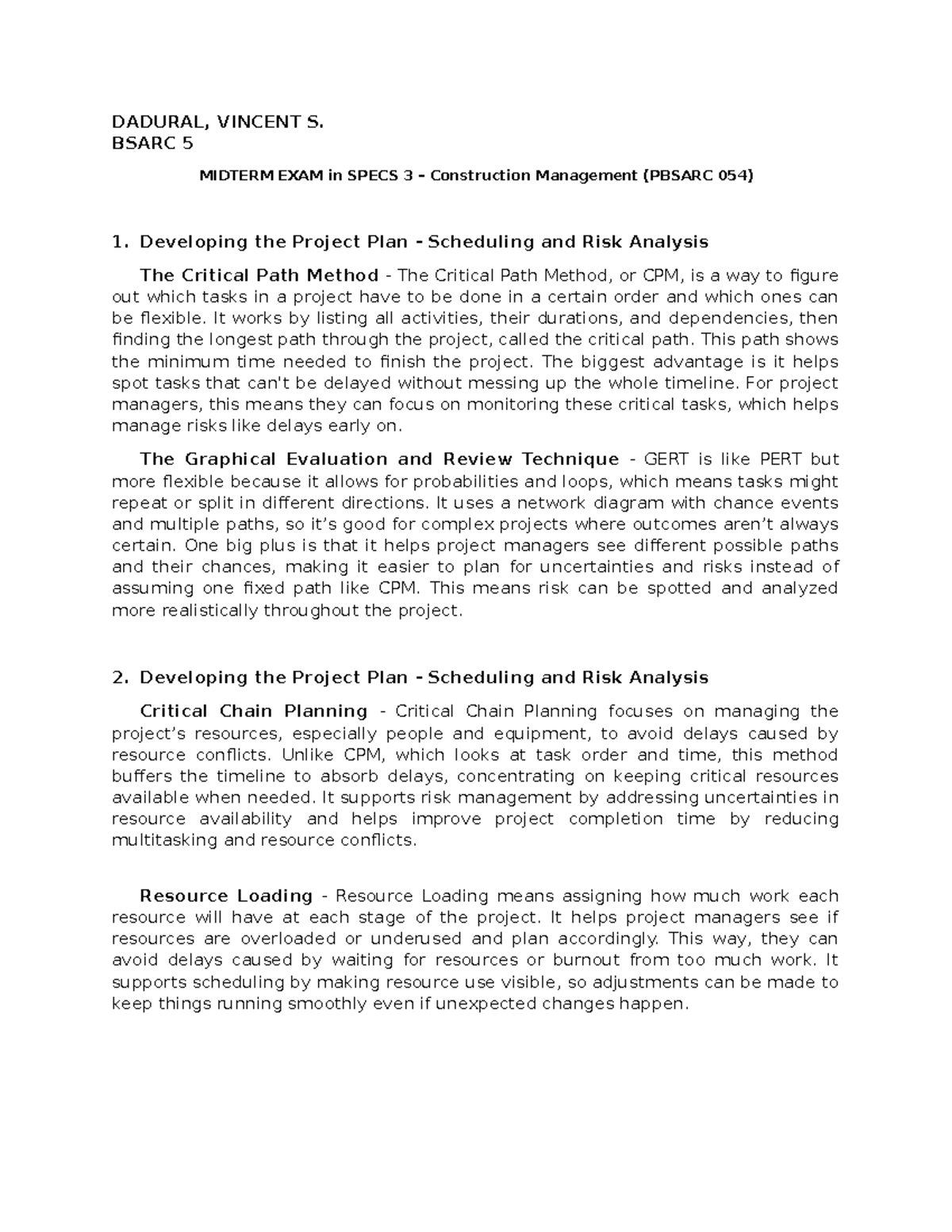 BSARC 5 Midterm Exam: Project Planning & Risk Analysis (PBSARC 054 ...