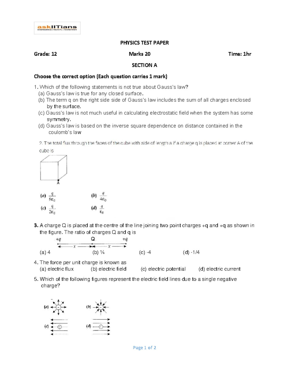 PHYSICS TEST PAPER Grade 12 - Electrostatics Questions - Studocu