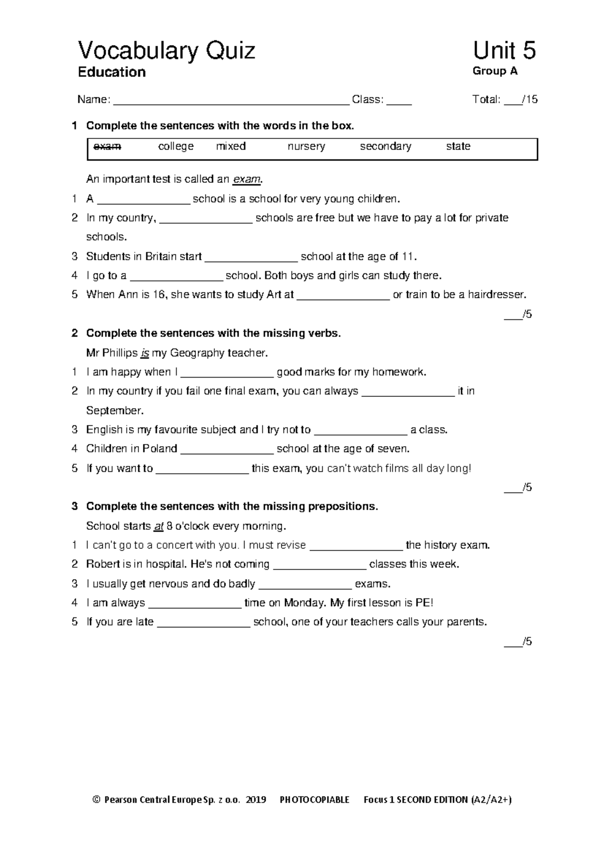 Focus 1 2E Vocabulary Quiz Unit 5 - Group A Exam Prep - Studocu