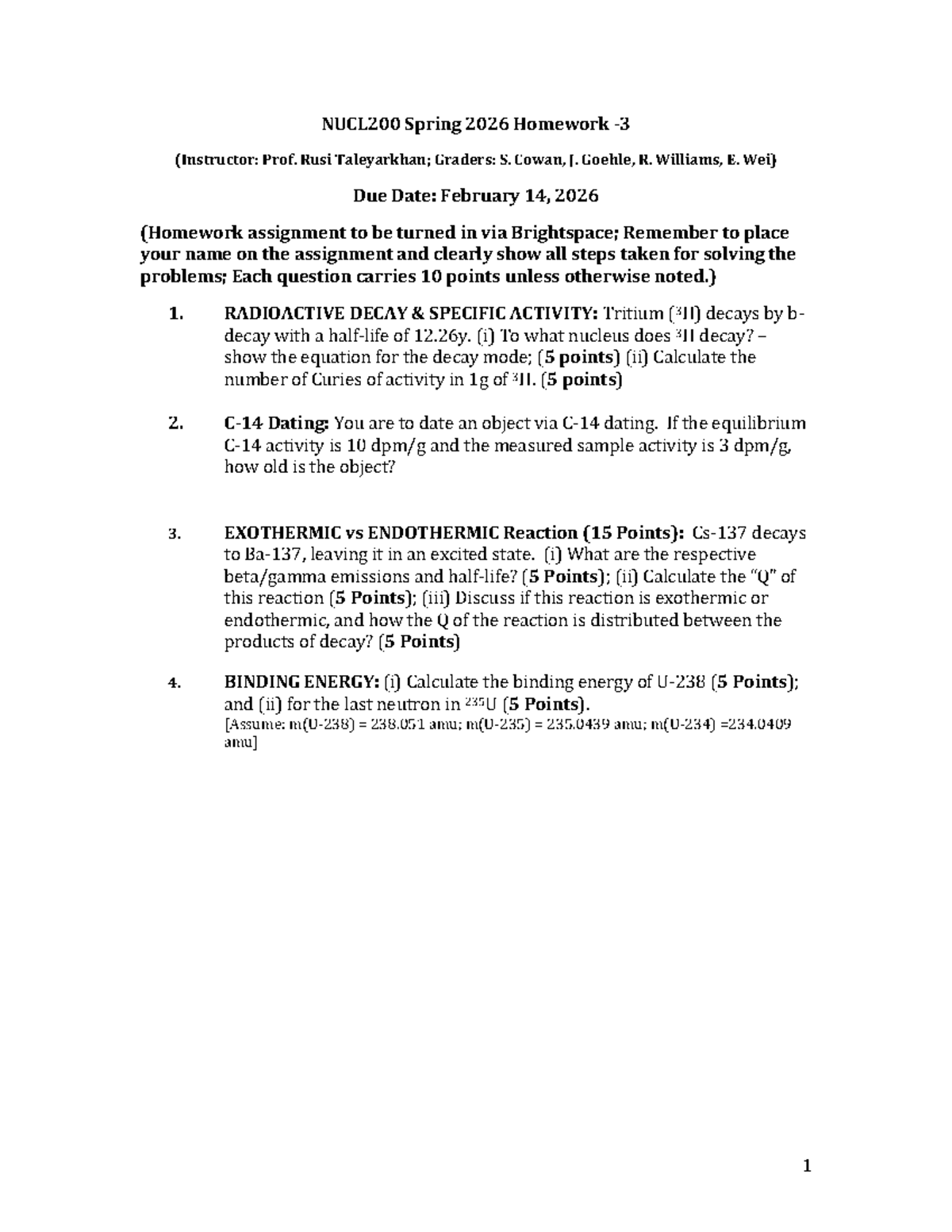 NUCL200 Spring 2026 Homework Assignment - Radioactive Decay & Reactions ...