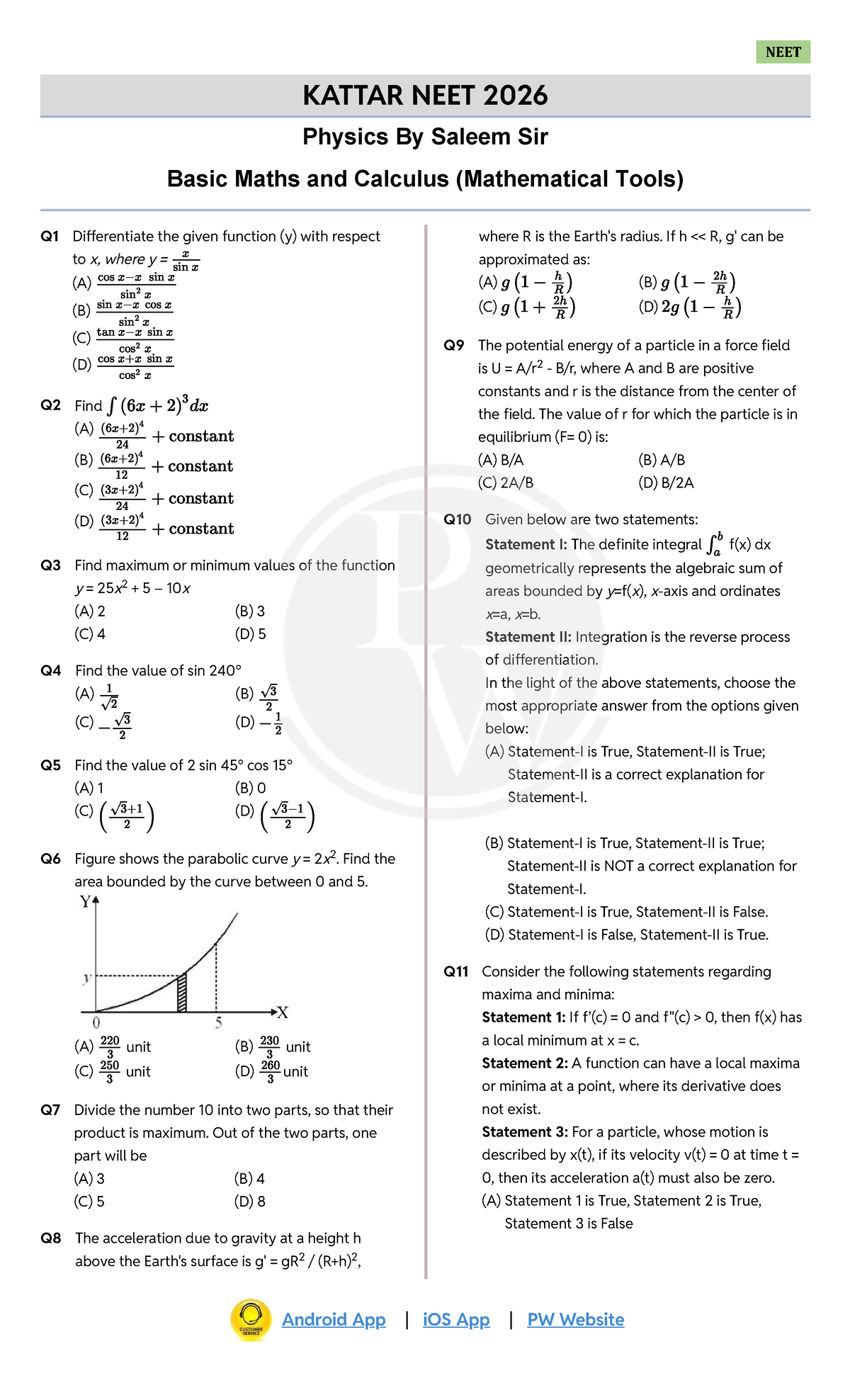 NEET KATTAR NEET 2026 Physics Saleem Sir Basic Maths and Calculus Exam ...