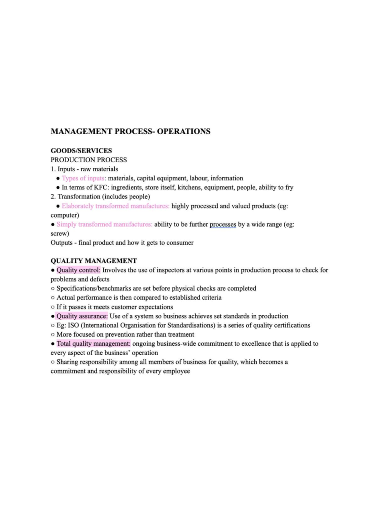 MANAGEMENT OPERATIONS: PRODUCTION PROCESS & QUALITY MANAGEMENT - Studocu