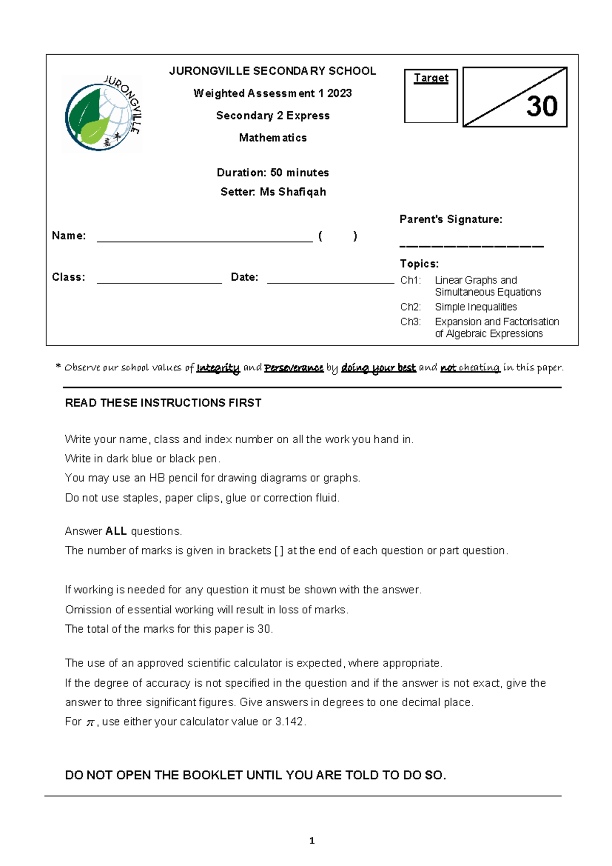 JURONGVILLE SEC SCH 2023 2E Target WA1 Math QP - Studocu