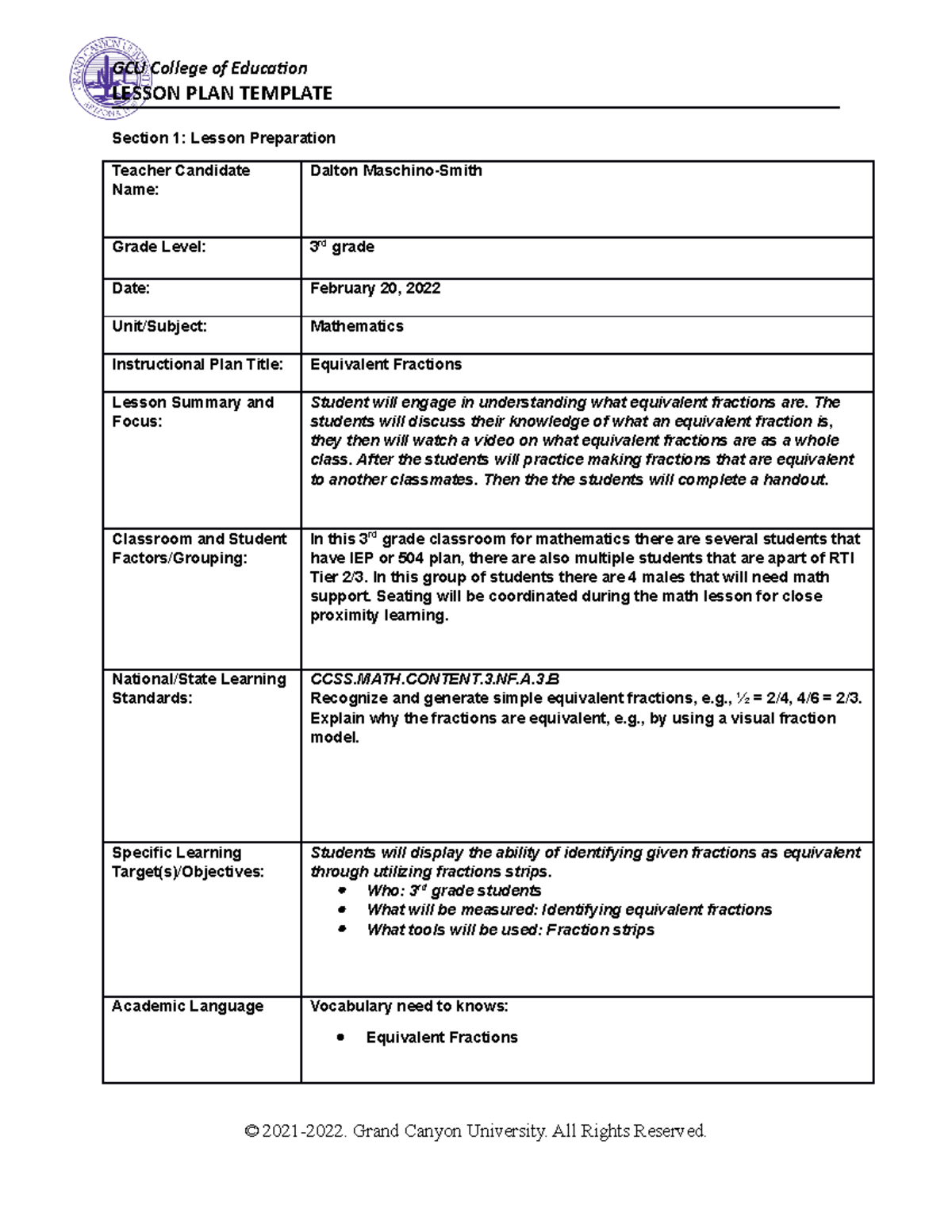 Equivalent Fractions Lesson Plan for 3rd Grade SPD-470 - Studocu