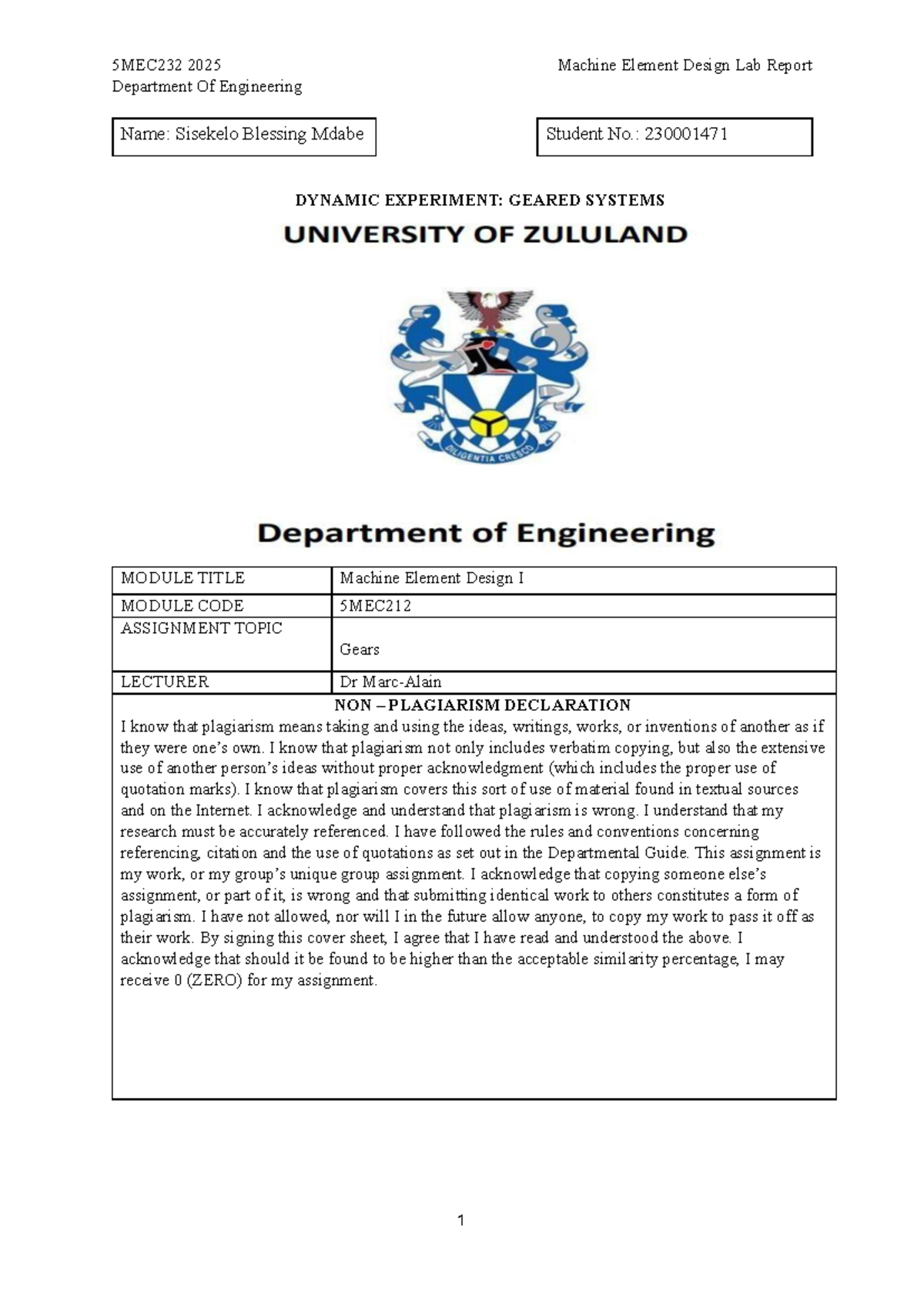 5MEC232 2025 Machine Element Design Lab Report on Geared Systems - Studocu