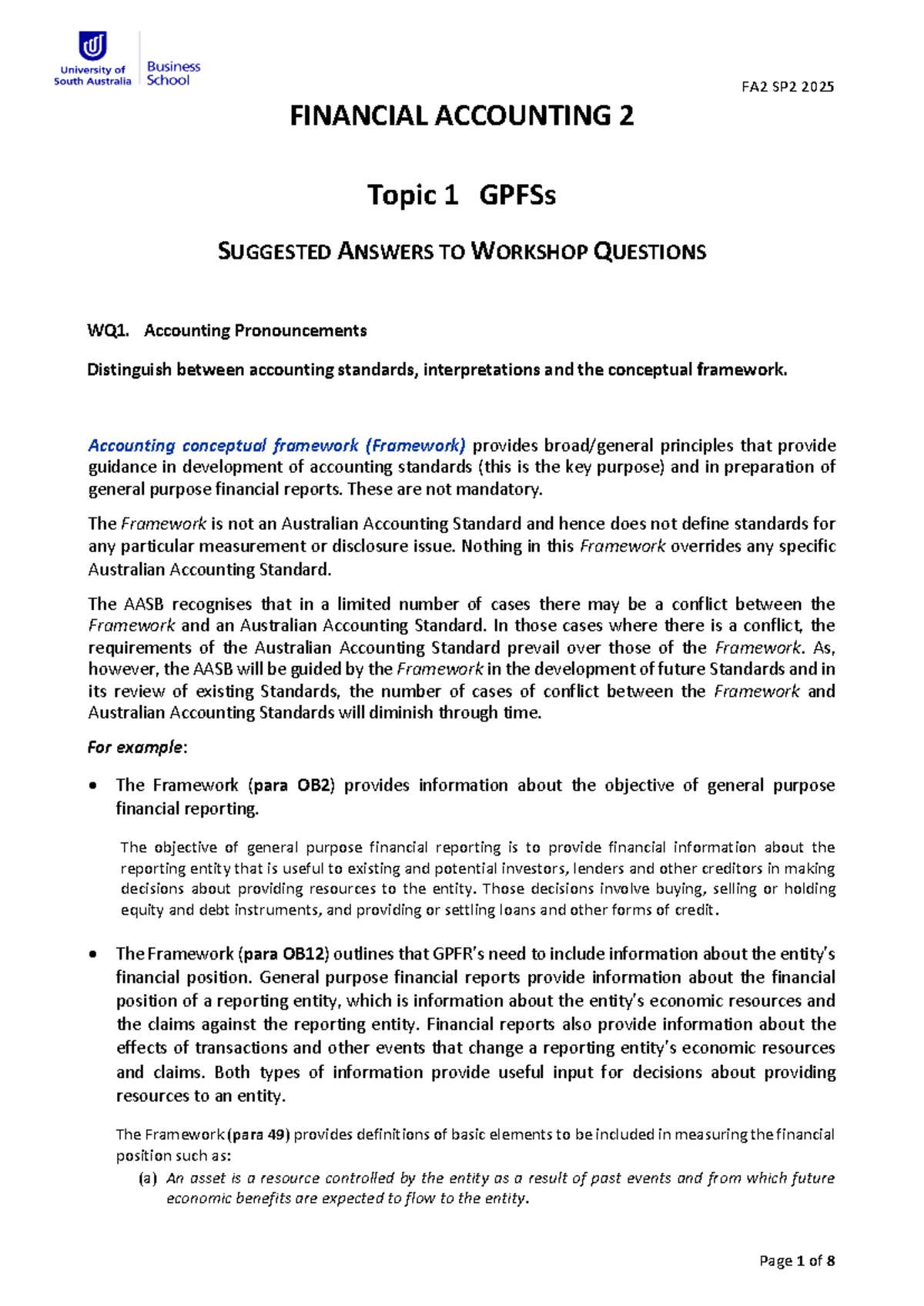 FA2 SP2 2025 Financial Accounting 2 Topic 1 Workshop Solutions - Studocu