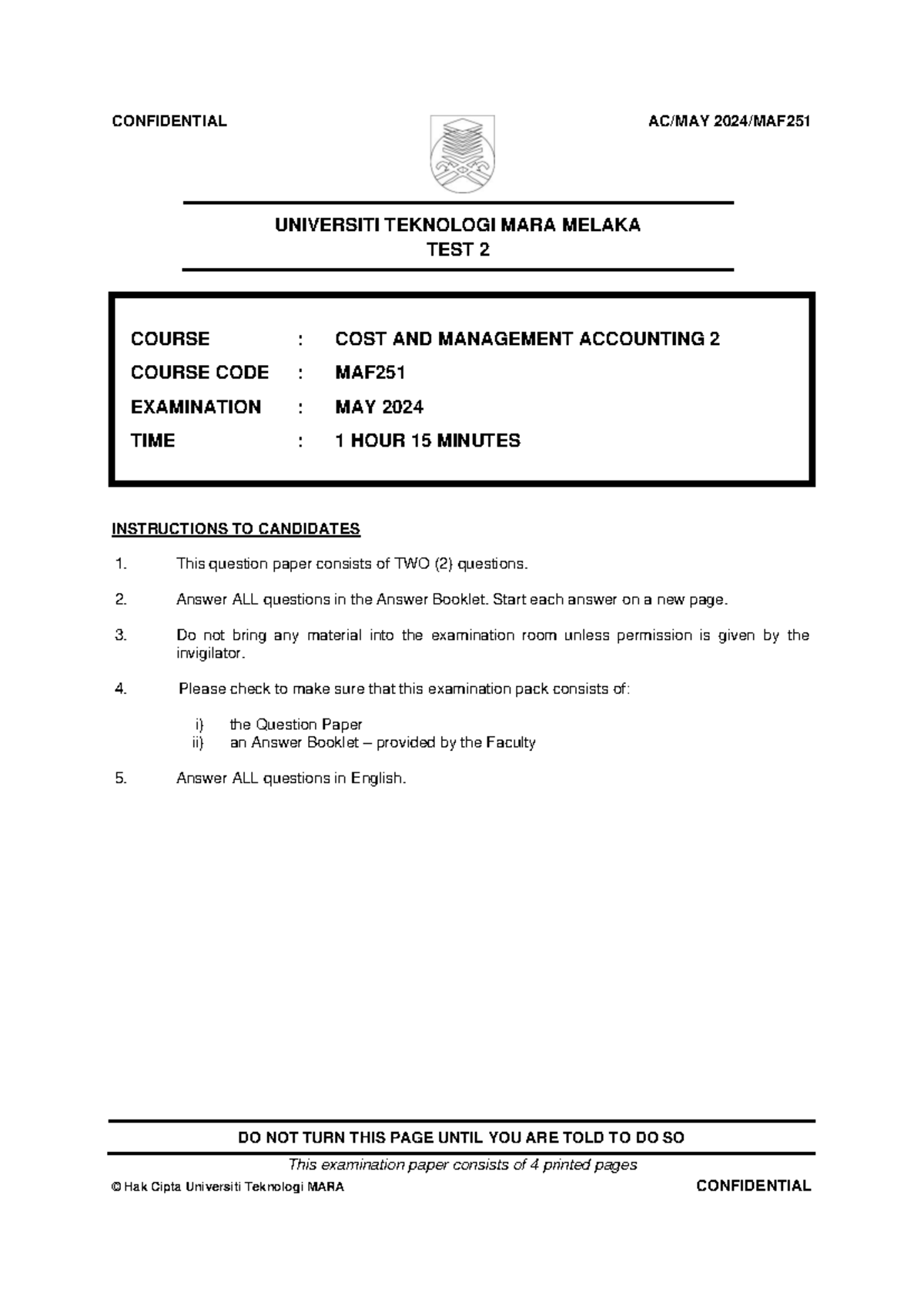 MAF251 Test 2: Cost & Management Accounting Exam May 2024 - Studocu