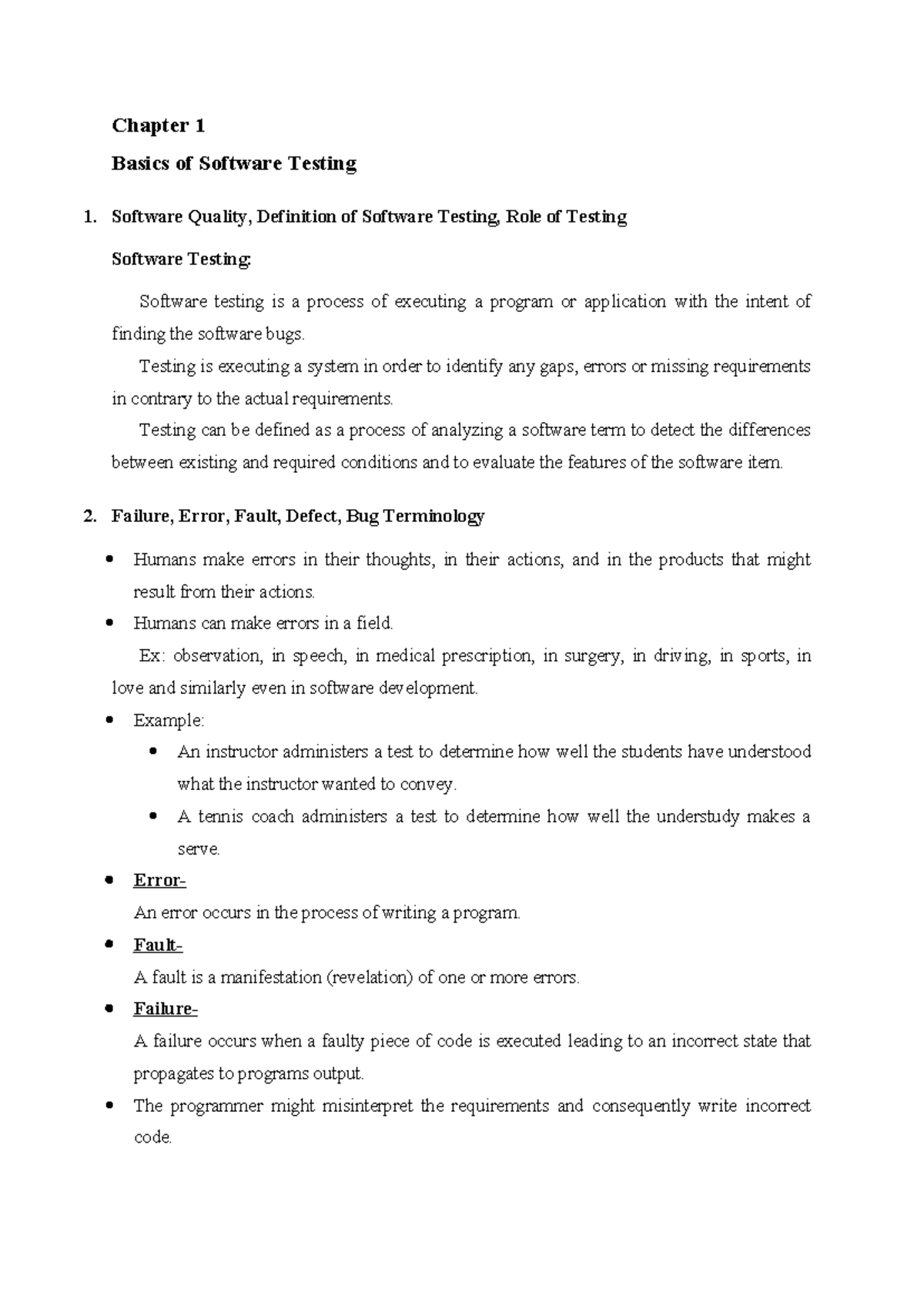 Chapter 1: Basics of Software Testing Notes - CS101 - Studocu