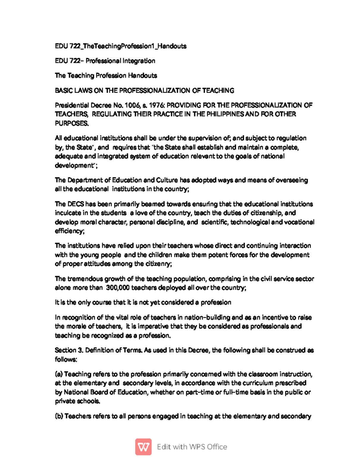 The teaching profession - EDU 722 _TheTeachingProfession 1 _Handouts ...
