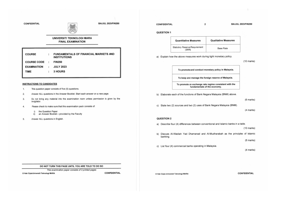 FIN250 FINAL EXAMINATION: FUNDAMENTALS OF FINANCIAL MARKETS - JULY 2023 ...