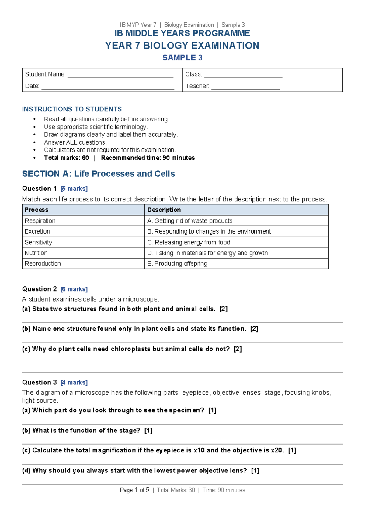 IB MYP Year 7 Biology Exam Sample 3: Comprehensive Review - Studocu