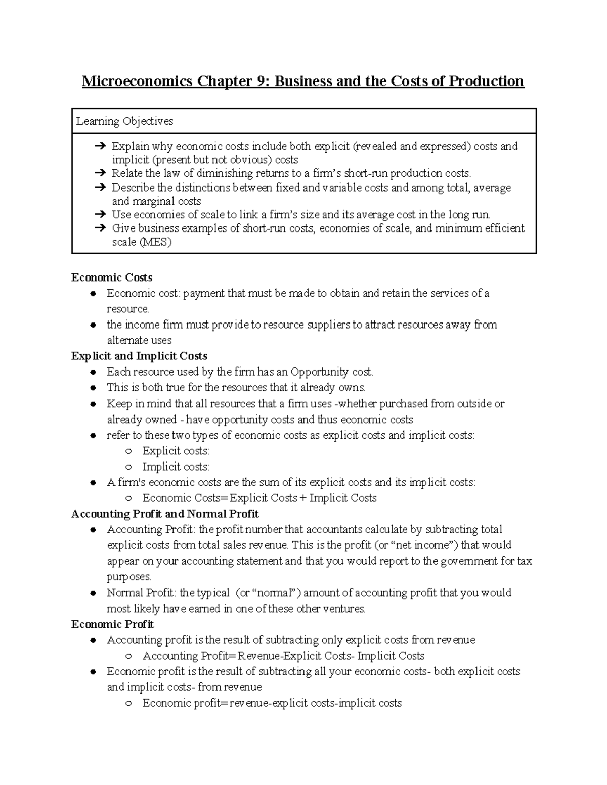 Microeconomics CH9: Business Costs & Production Insights - Studocu