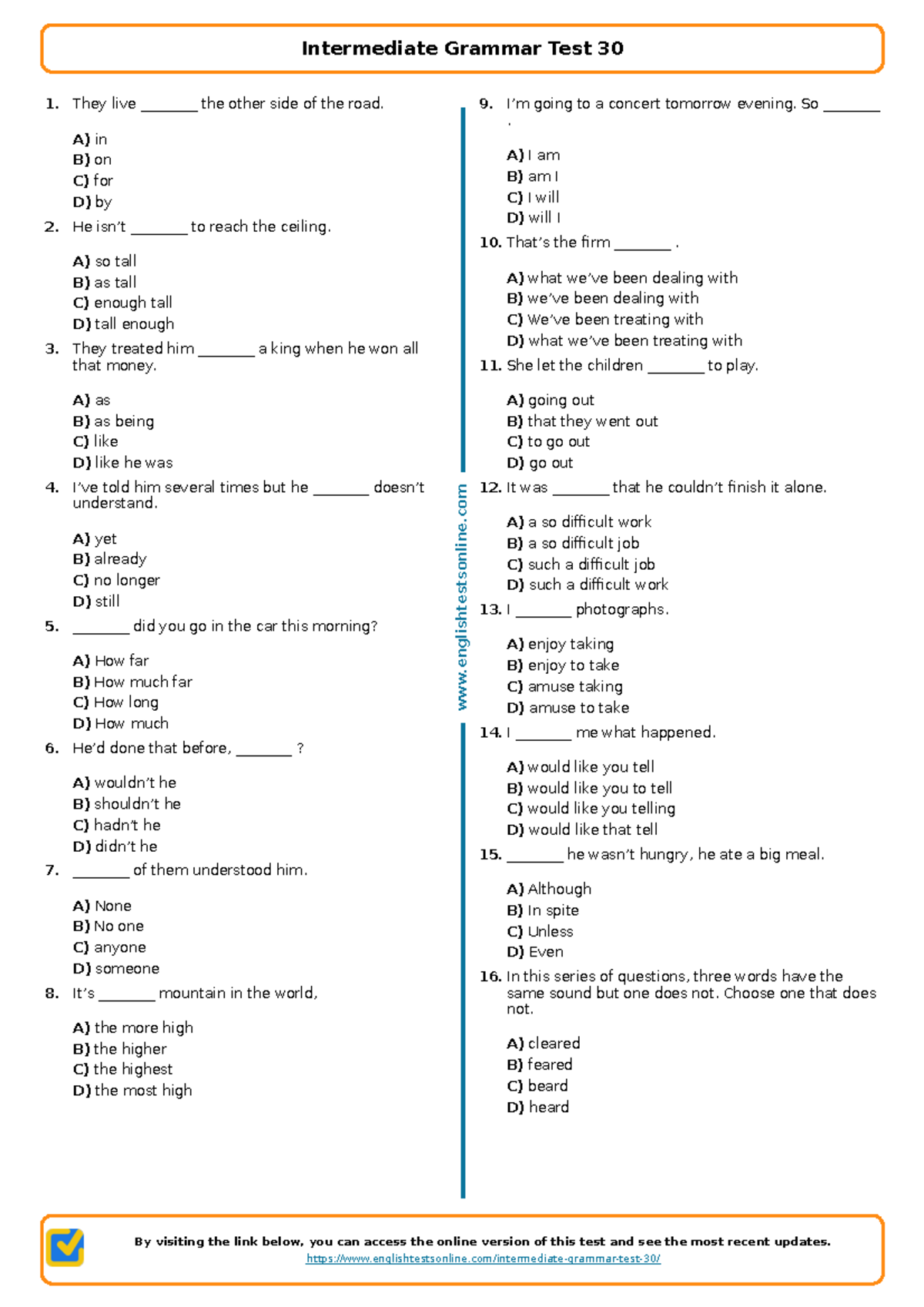 Intermediate Grammar Test 30: Practice Questions & Answers - Studocu