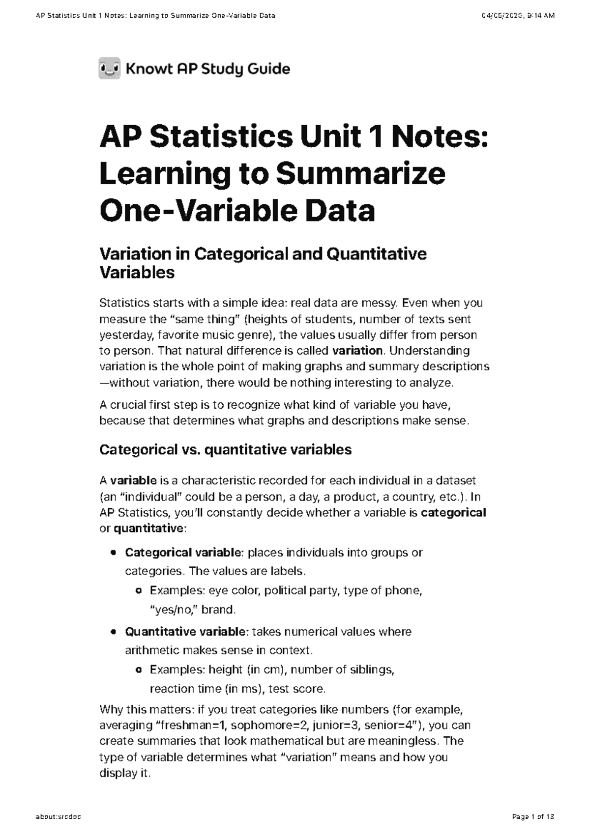 AP Statistics Unit 1 Notes: Summarizing One Variable Data - Studocu