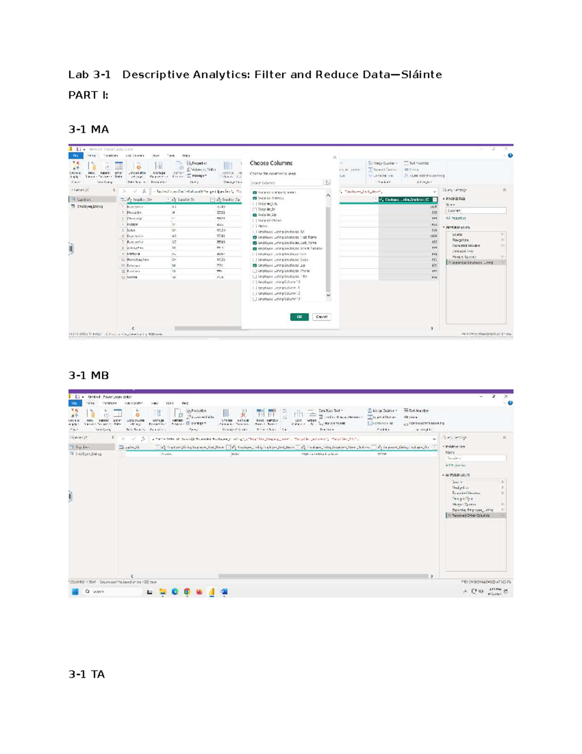 Lab Part I: MA MB TA Descriptive Analytics - Filter & Reduce TB OQ1 ...