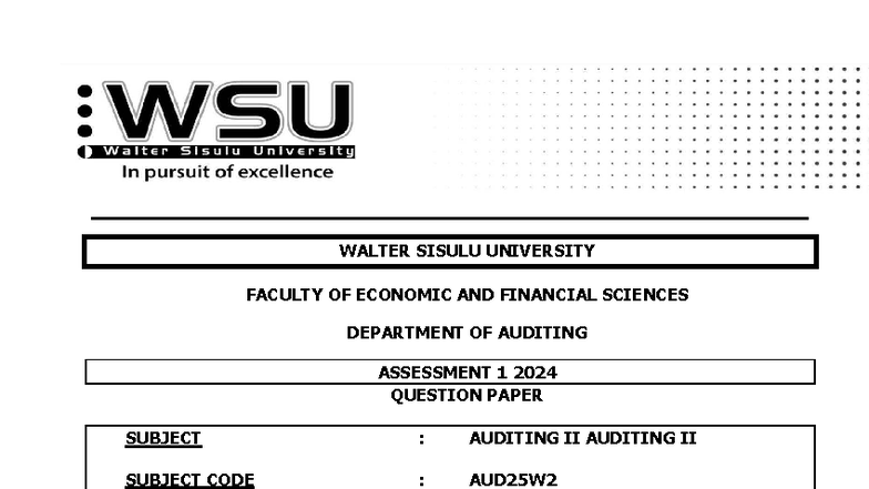 AUD25W2 Auditing II Assessment 1 Final Exam Question Paper 2024 - Studocu
