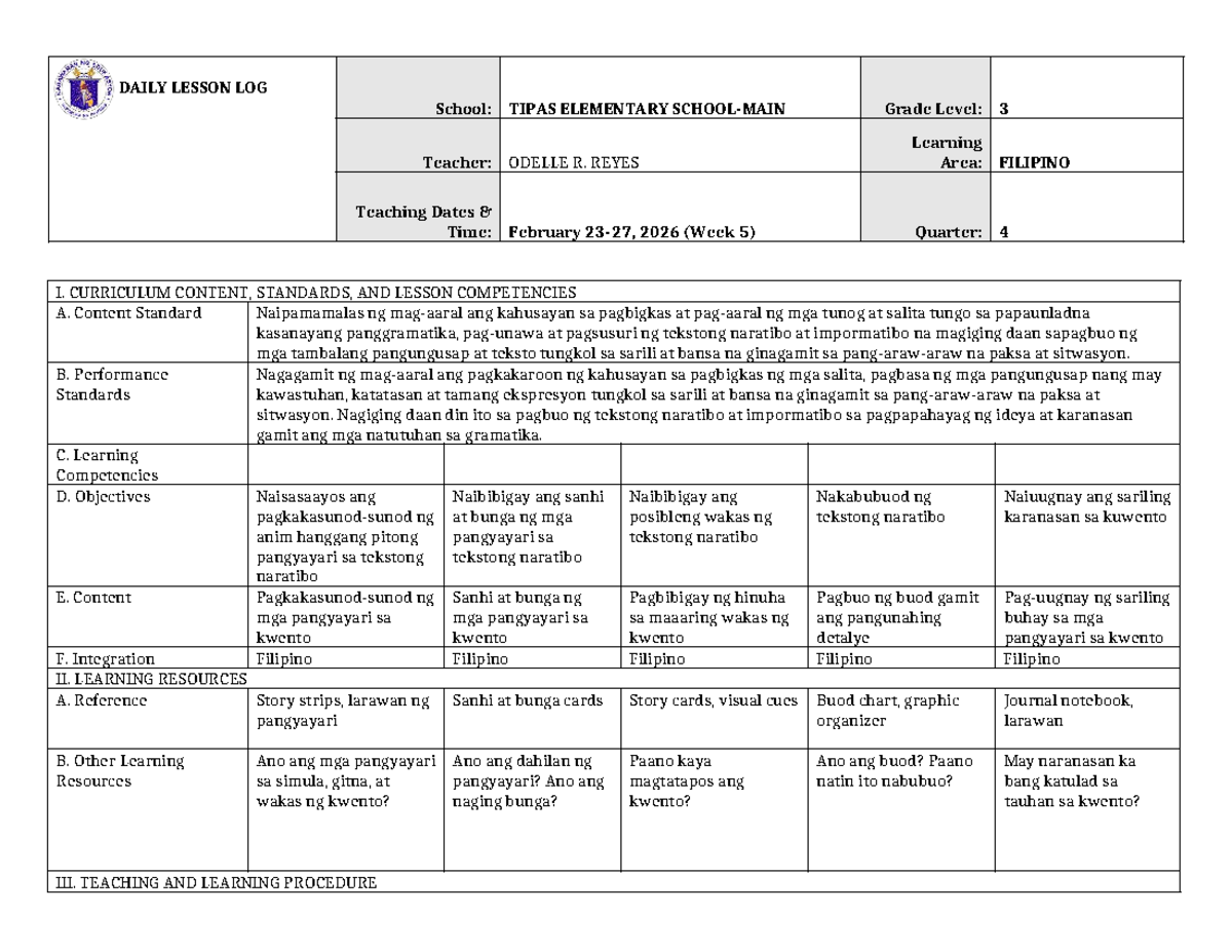 DLL Filipino Q4 Week 5: Lesson Log for Grade 3 - Studocu