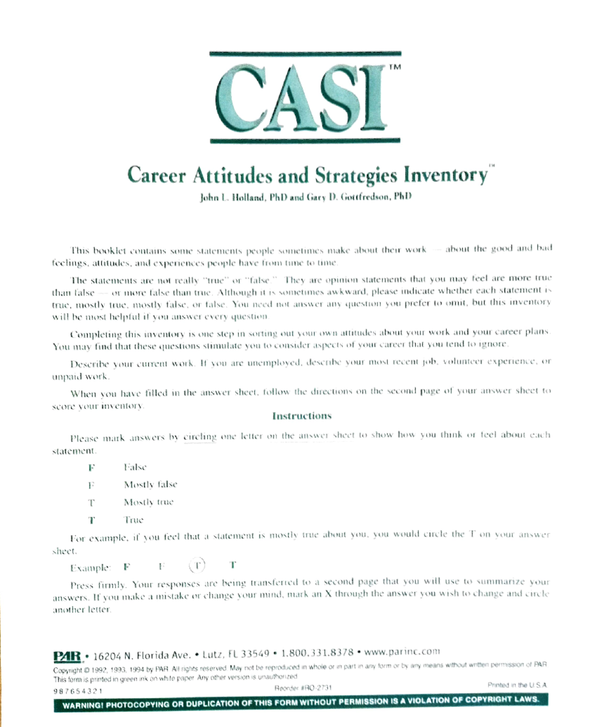 CASI Career Attitudes & Strategies Inventory Test Booklet - Studocu