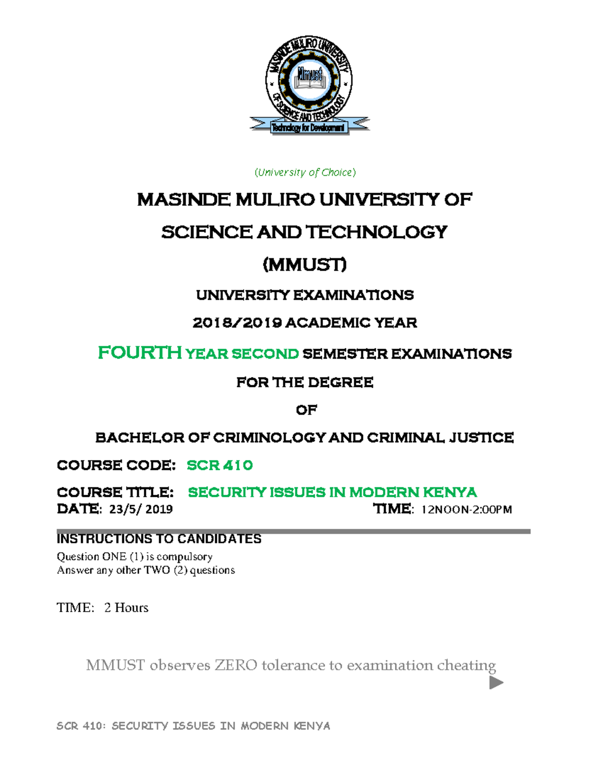 SCR 410: Security Issues in Modern Kenya - Exam Paper - Studocu