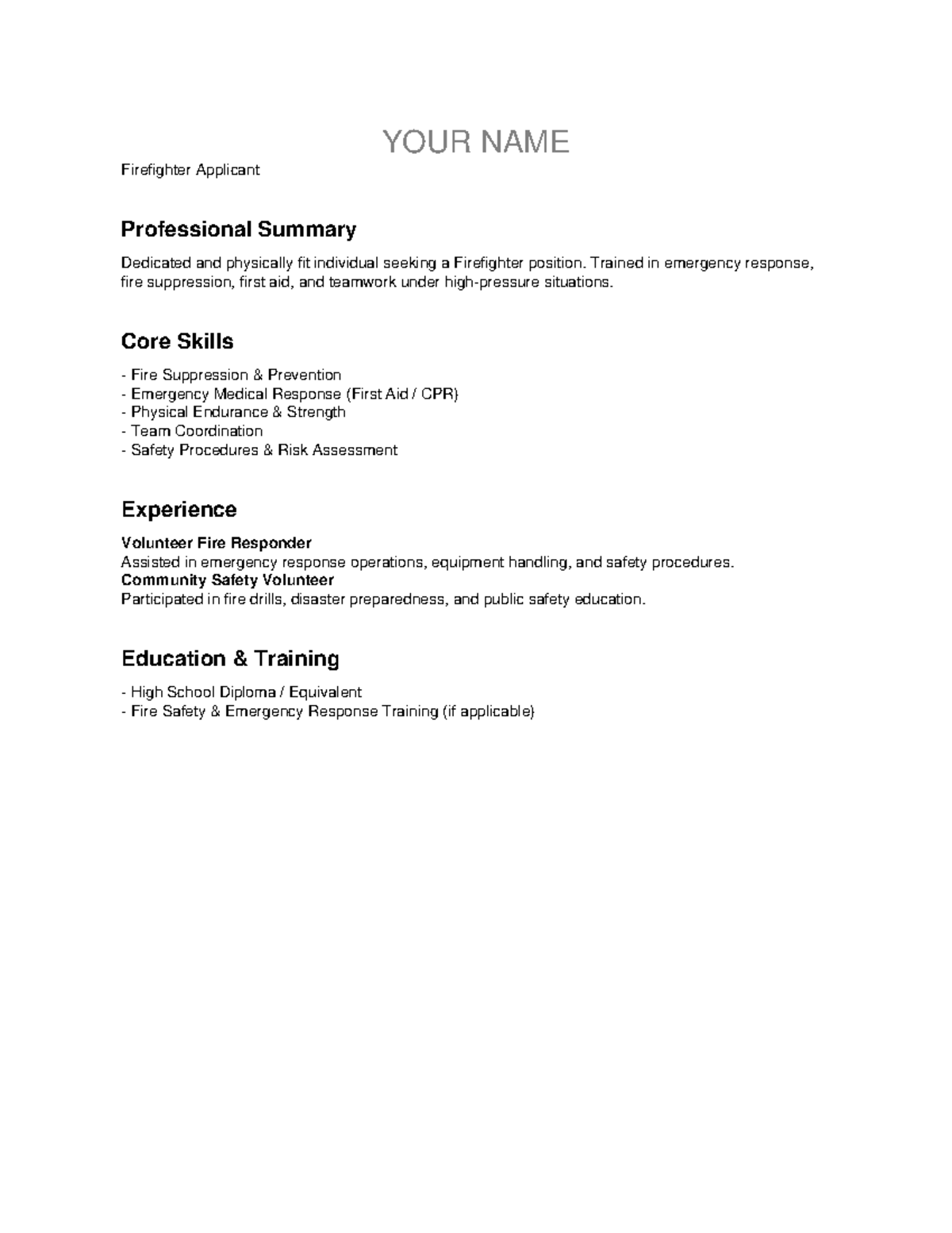 Firefighter Resume Minimal - YOUR NAME Firefighter Applicant ...
