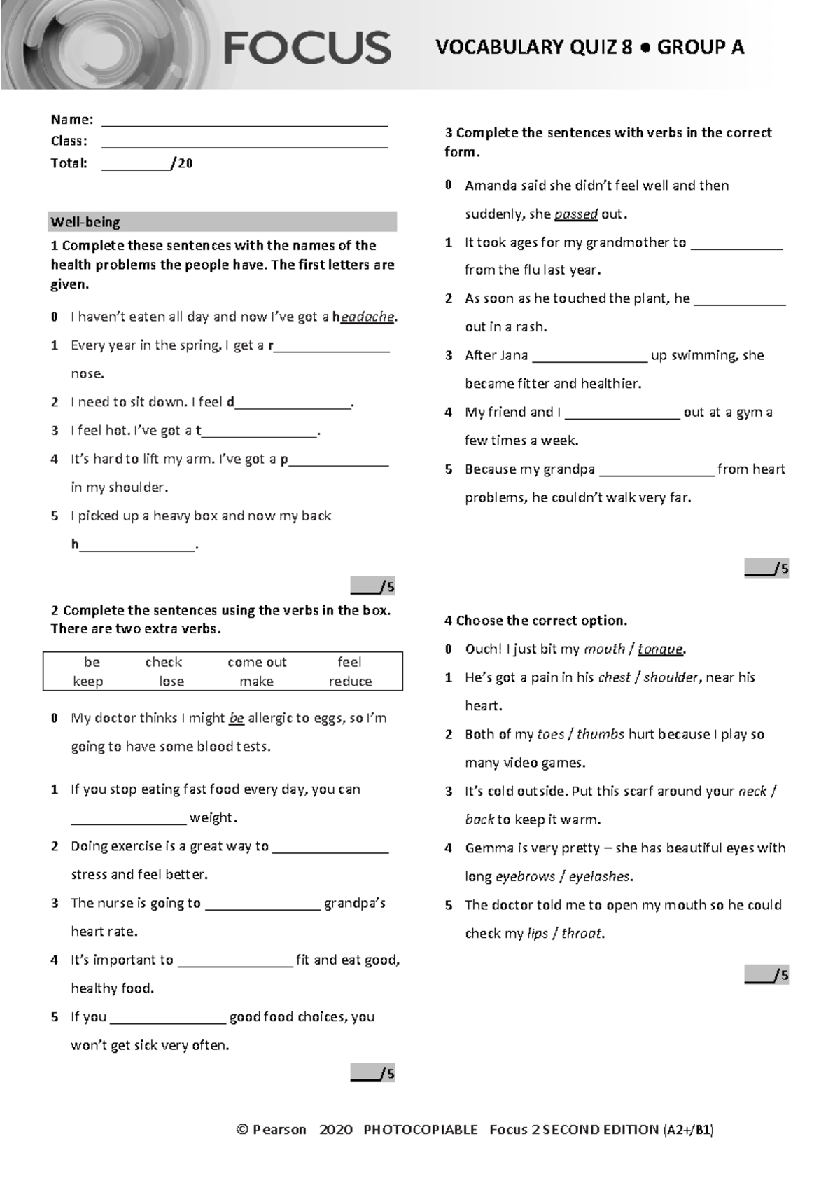 Focus 2 2E Vocabulary Quiz Unit8 Group A - © Pearson 2020 PHOTOCOPIABLE ...