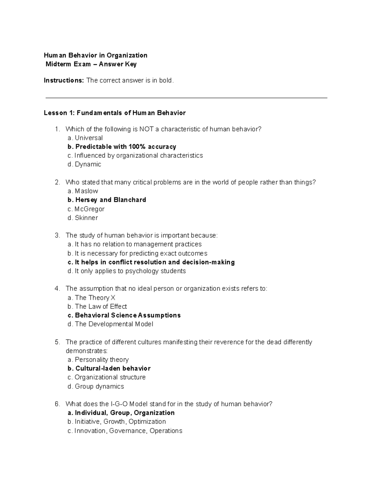 Human Behavior in Organization Midterm Exam Answer Key - Studocu