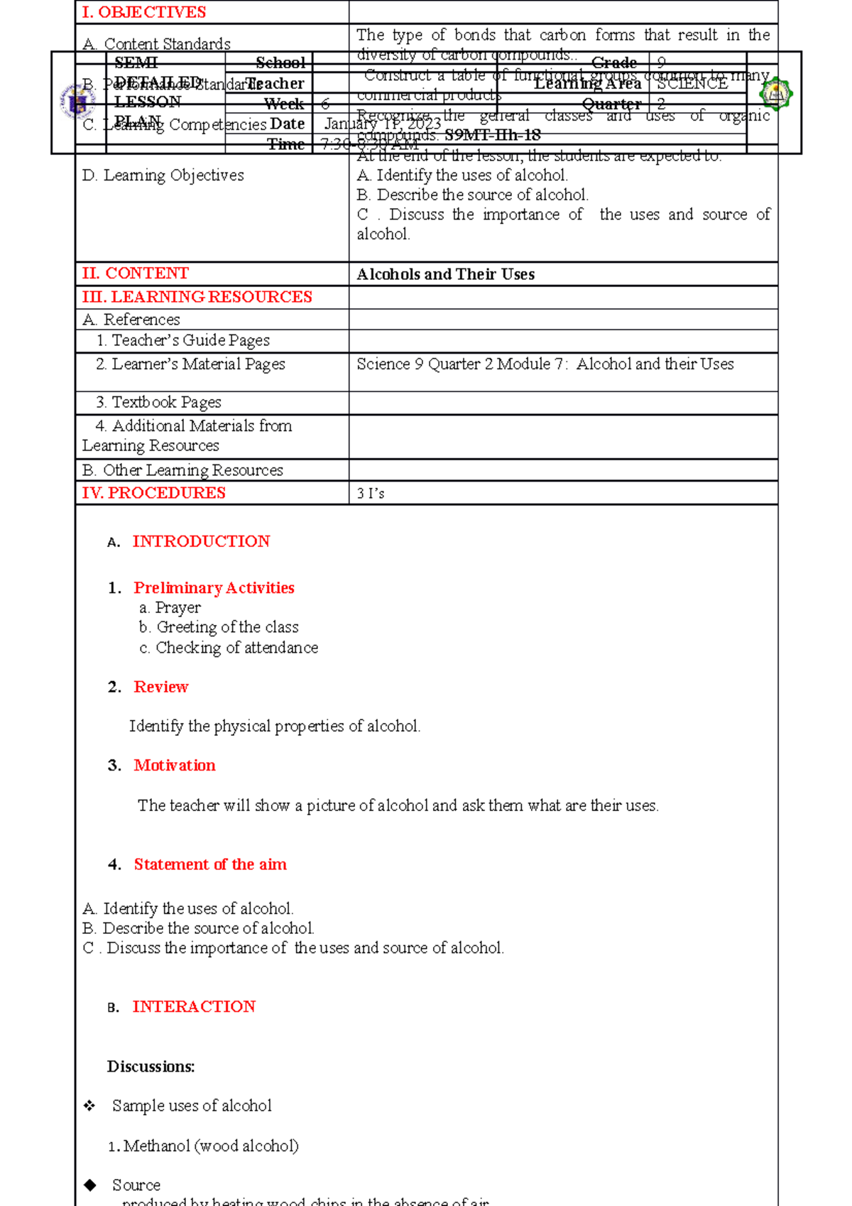 SCIENCE 9 S9MT-IIh- Semi-Detailed Lesson Plan on Alcohols and Their ...