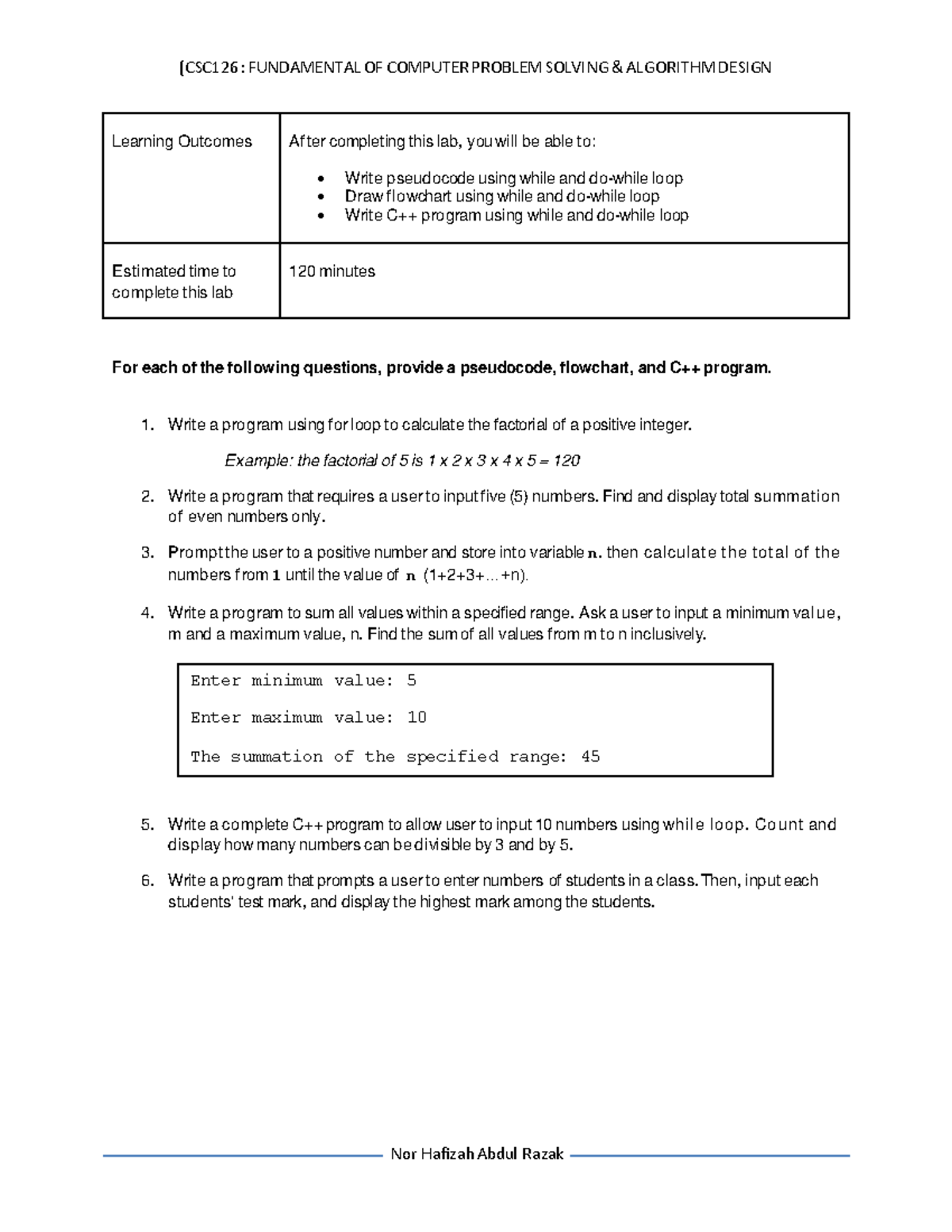 [CSC126] Lab 6: Pseudocode, Flowcharts & C++ Programming Concepts - Studocu